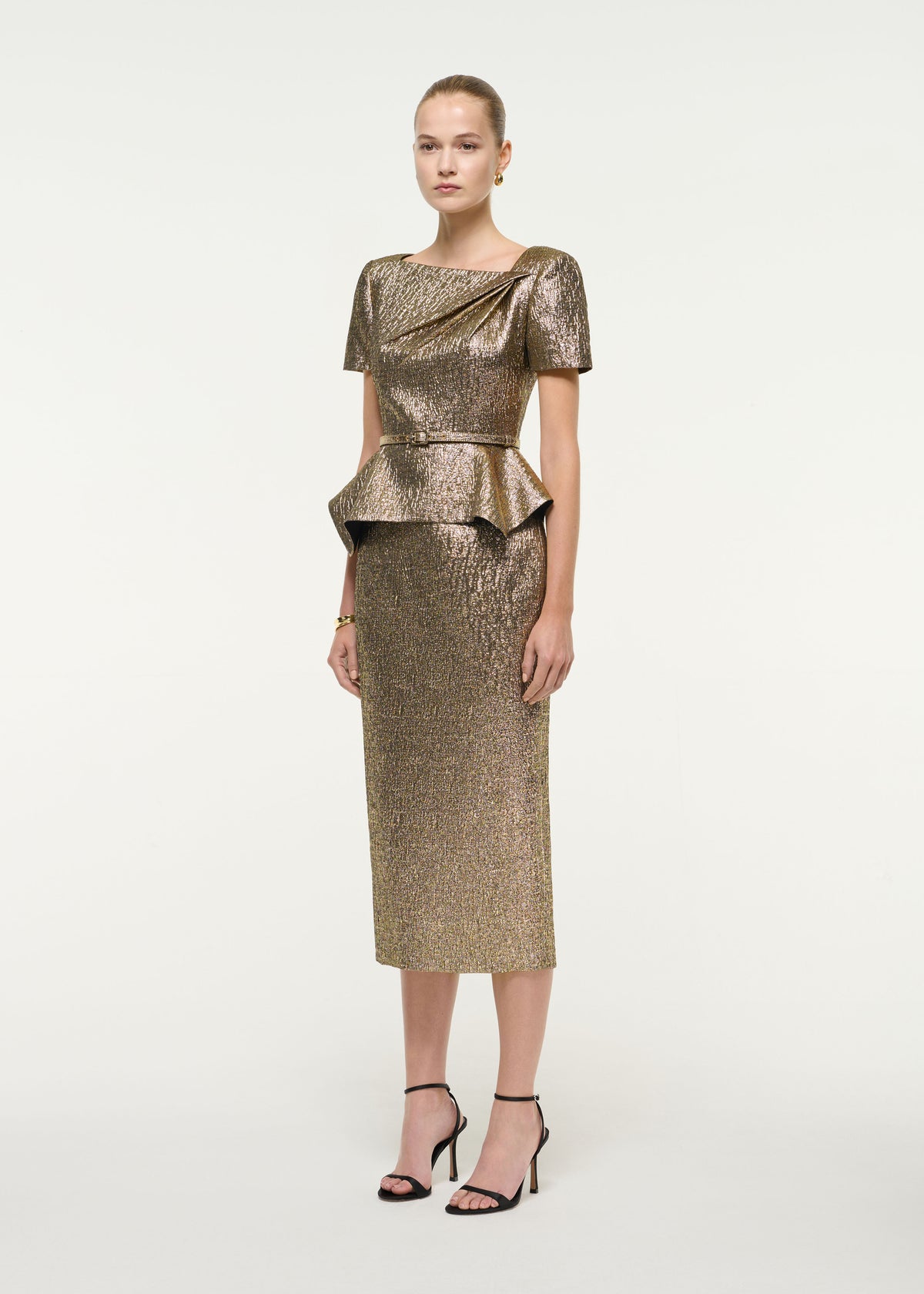 Metallic Jacquard Peplum Midi Dress