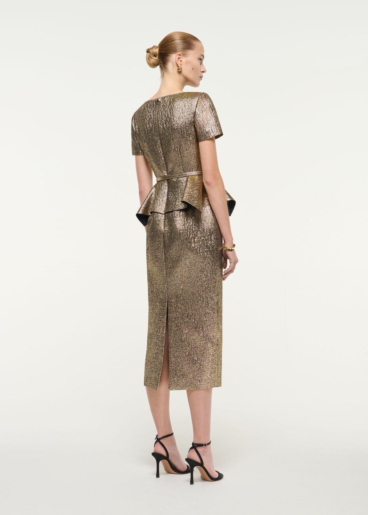 Metallic Jacquard Peplum Midi Dress