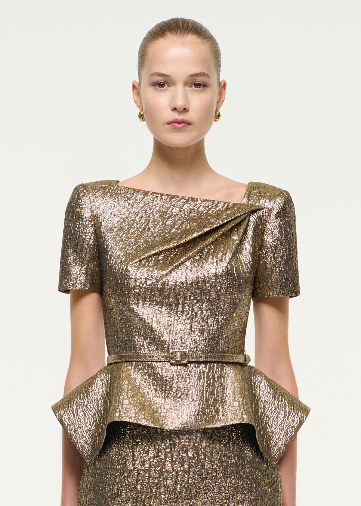 Metallic Jacquard Peplum Midi Dress