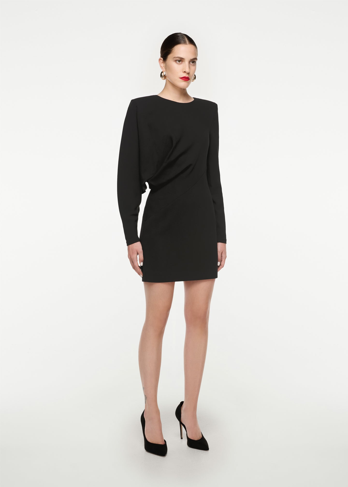 Woman wearing the Long Sleeve Stretch Cady Mini Dress in Black