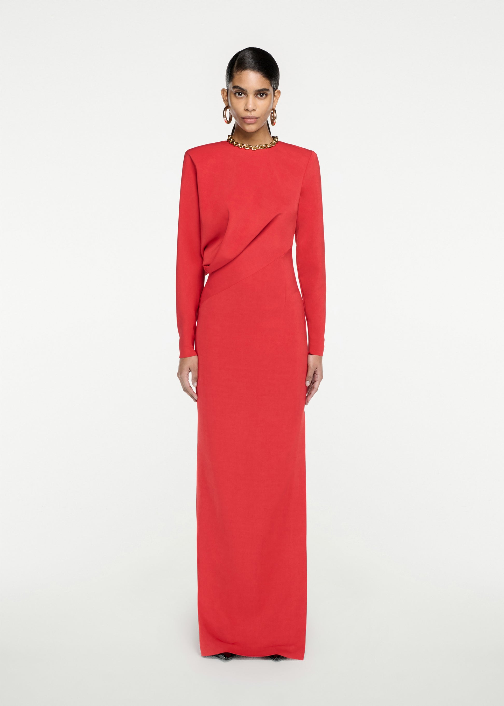 Woman wearing the Long Sleeve Stretch Cady Maxi Dress in Red