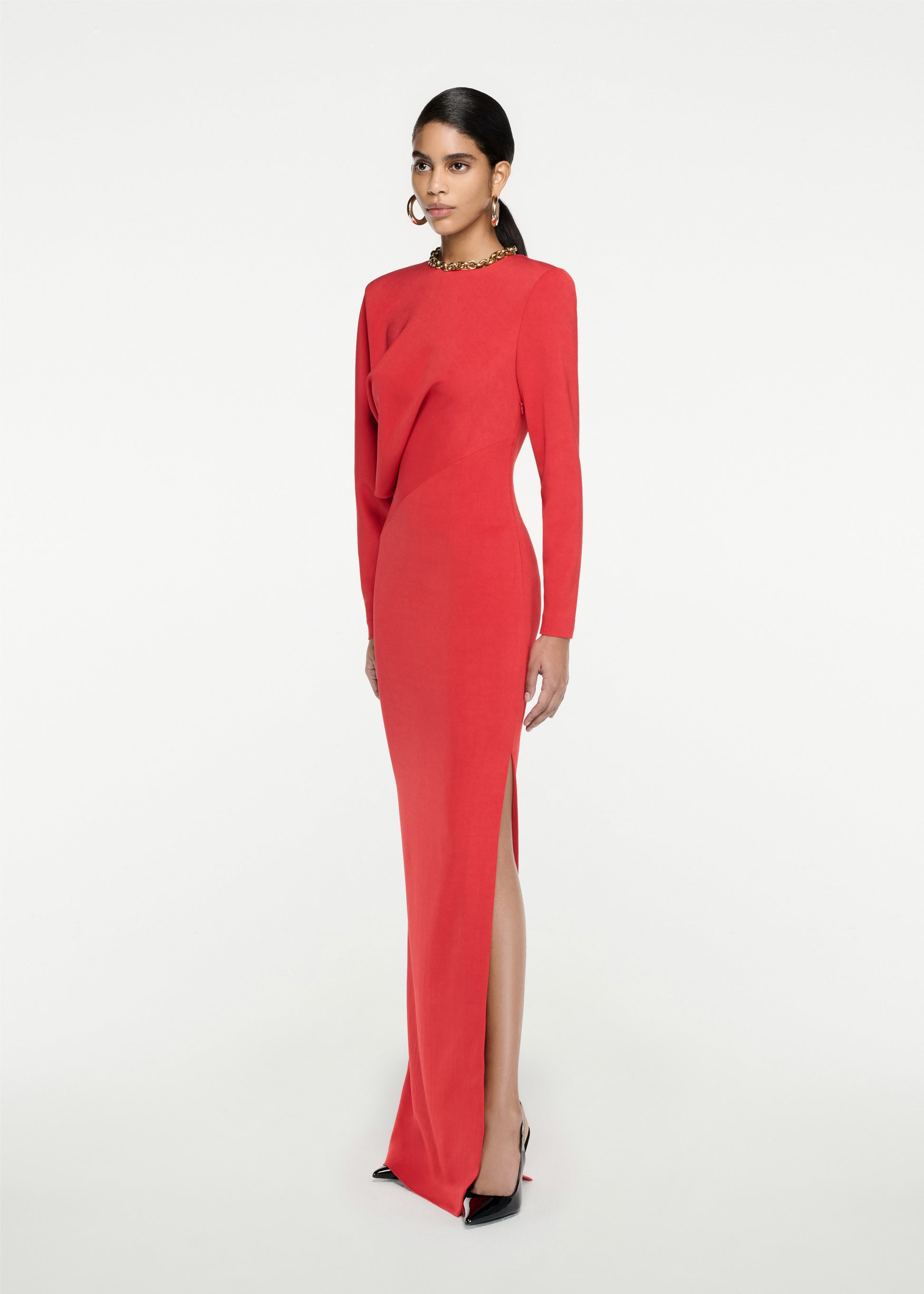 Woman wearing the Long Sleeve Stretch Cady Maxi Dress in Red
