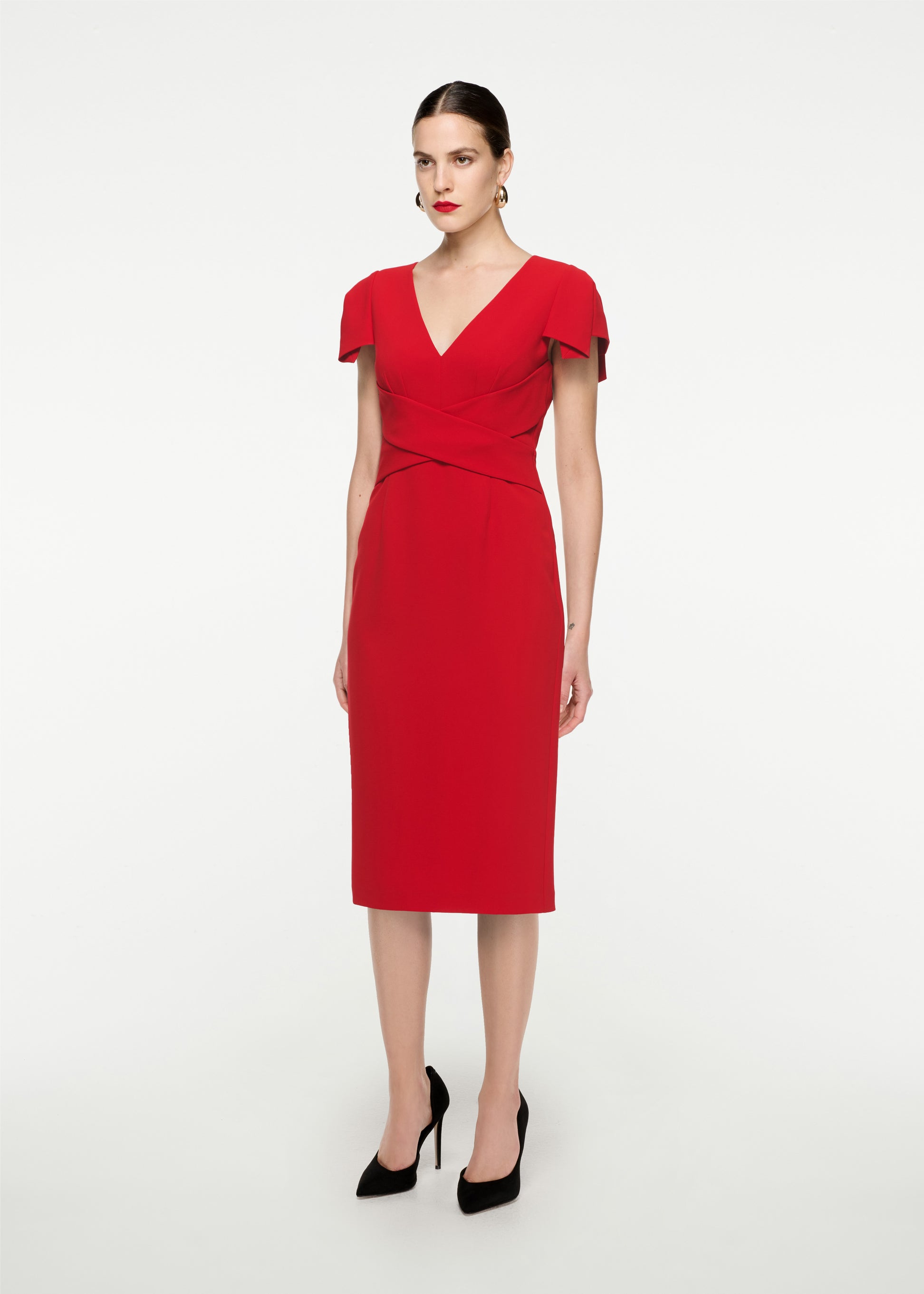 Woman wearing the Cap Sleeve Stretch Cady Midi Dress in Red