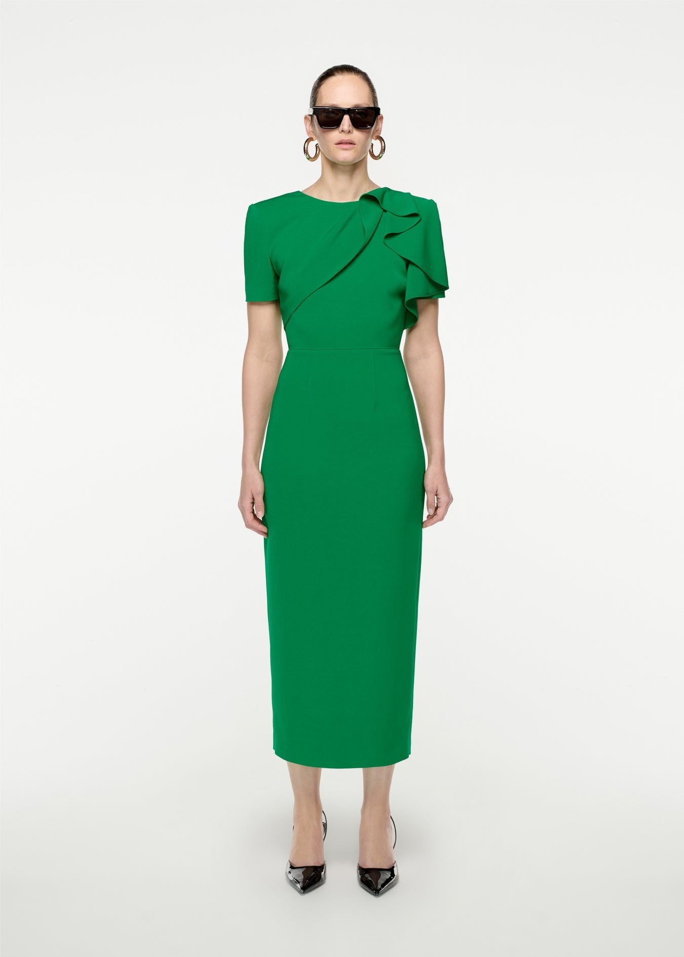 Woman wearing the Short Sleeve Stretch Cady Midi Dress in Green