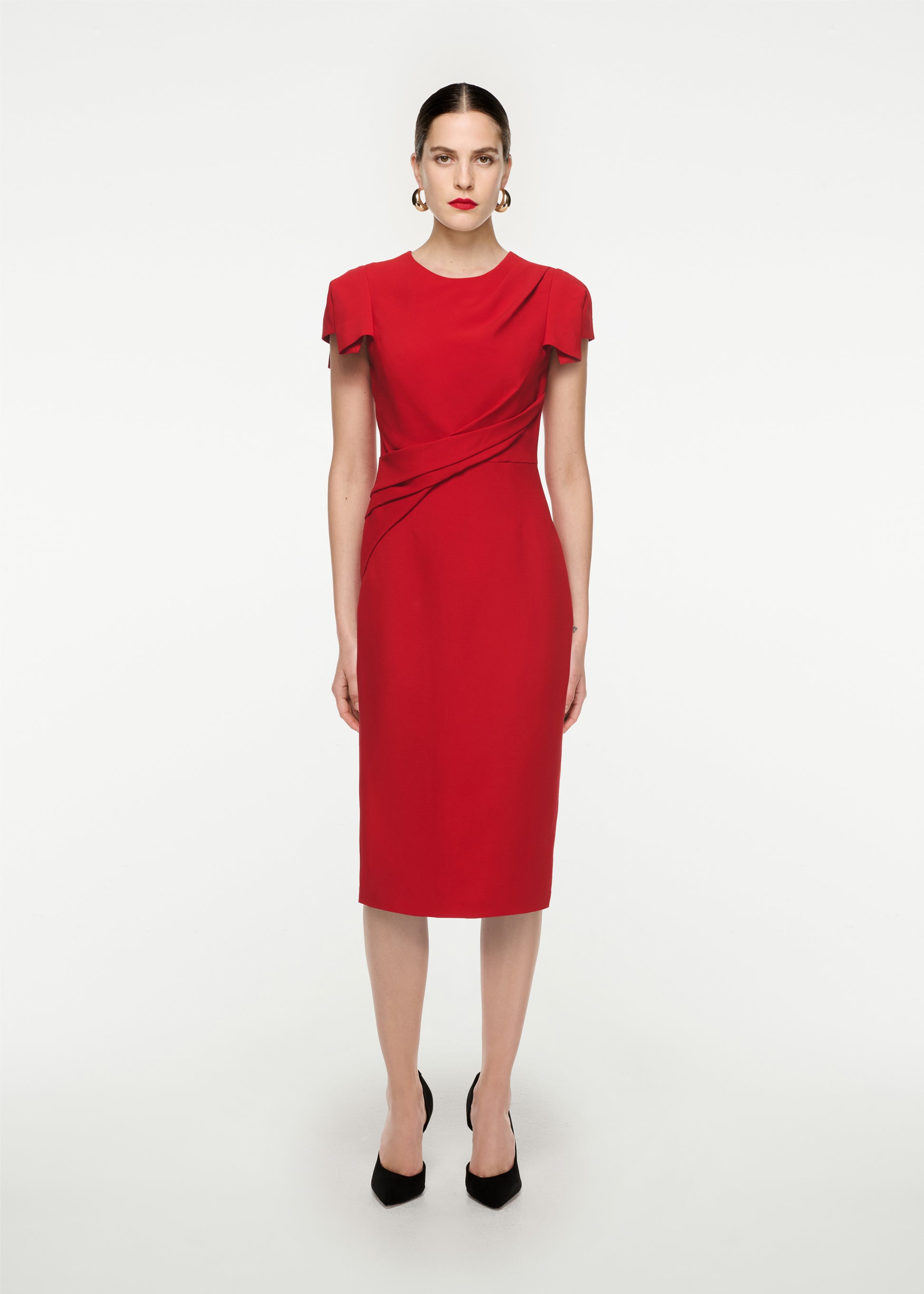 Woman wearing the Cap Sleeve Silk Wool Midi Dress in Red