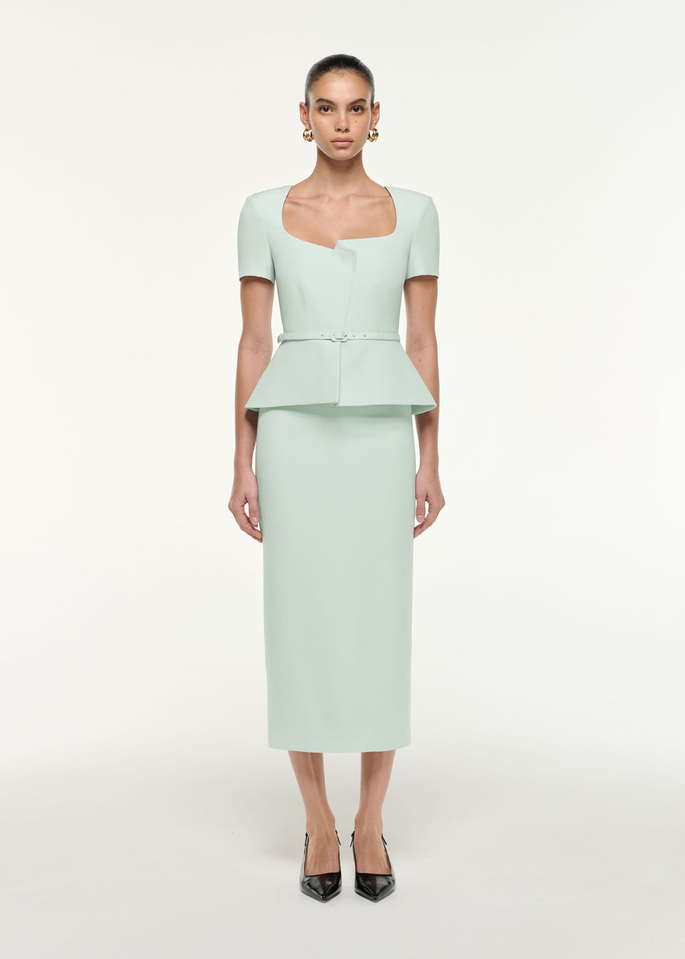 knee length dresses for ladies Diamante Trim Wool Silk Midi Dress in Mint – Roland Mouret