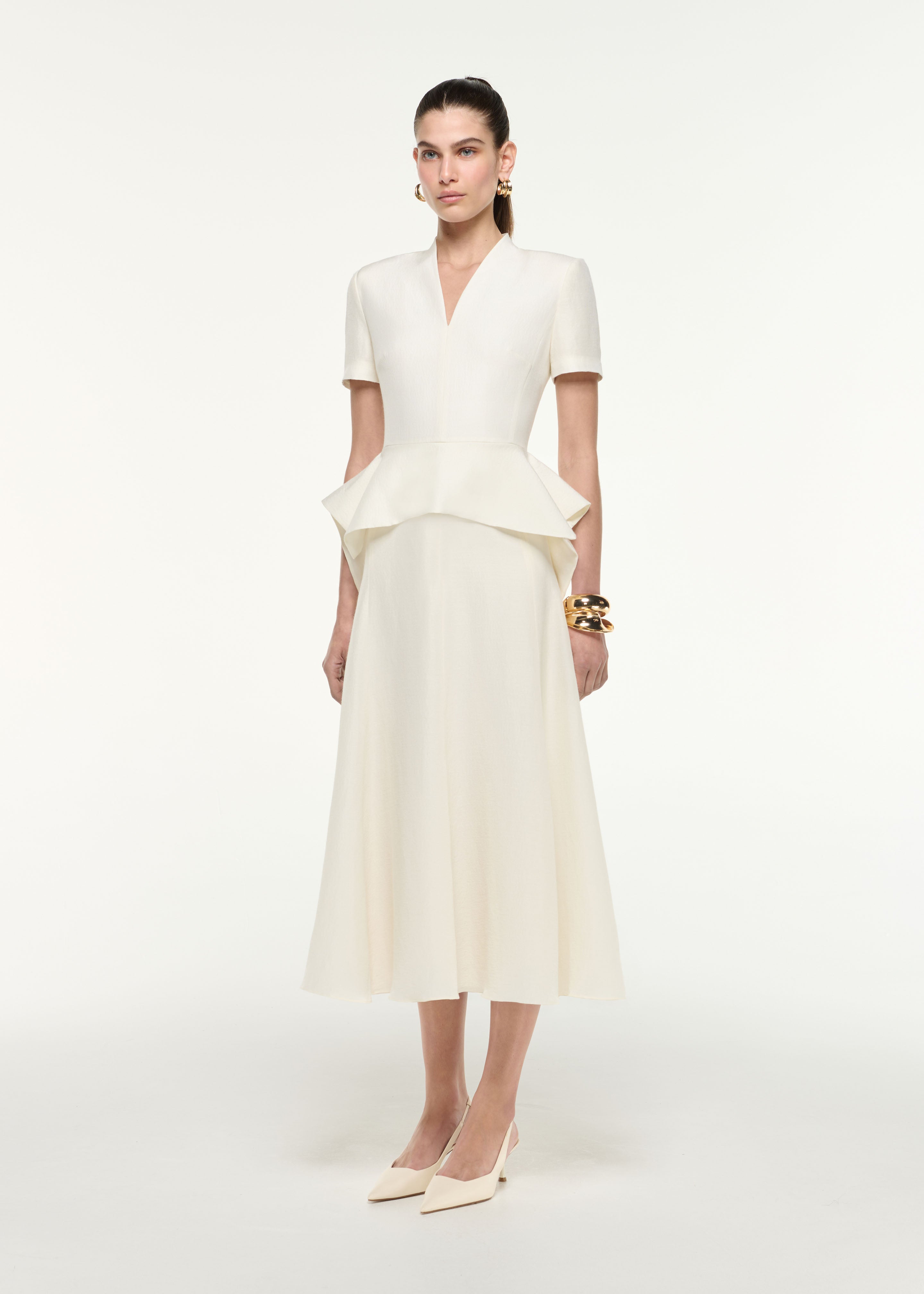 Silk Jacquard Peplum Midi Dress in Cream – Roland Mouret
