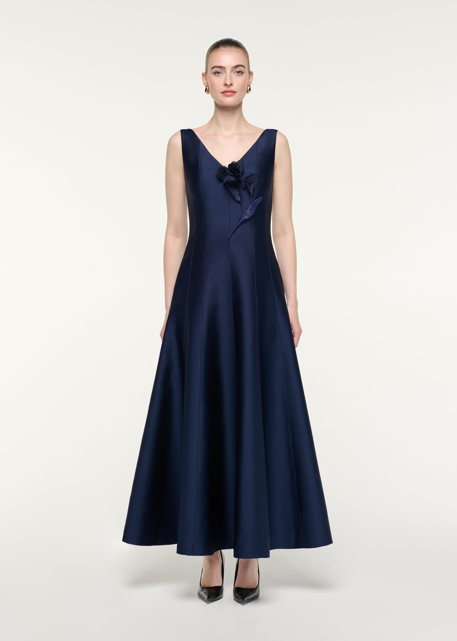 V-Neck Flower Applique Maxi Dress