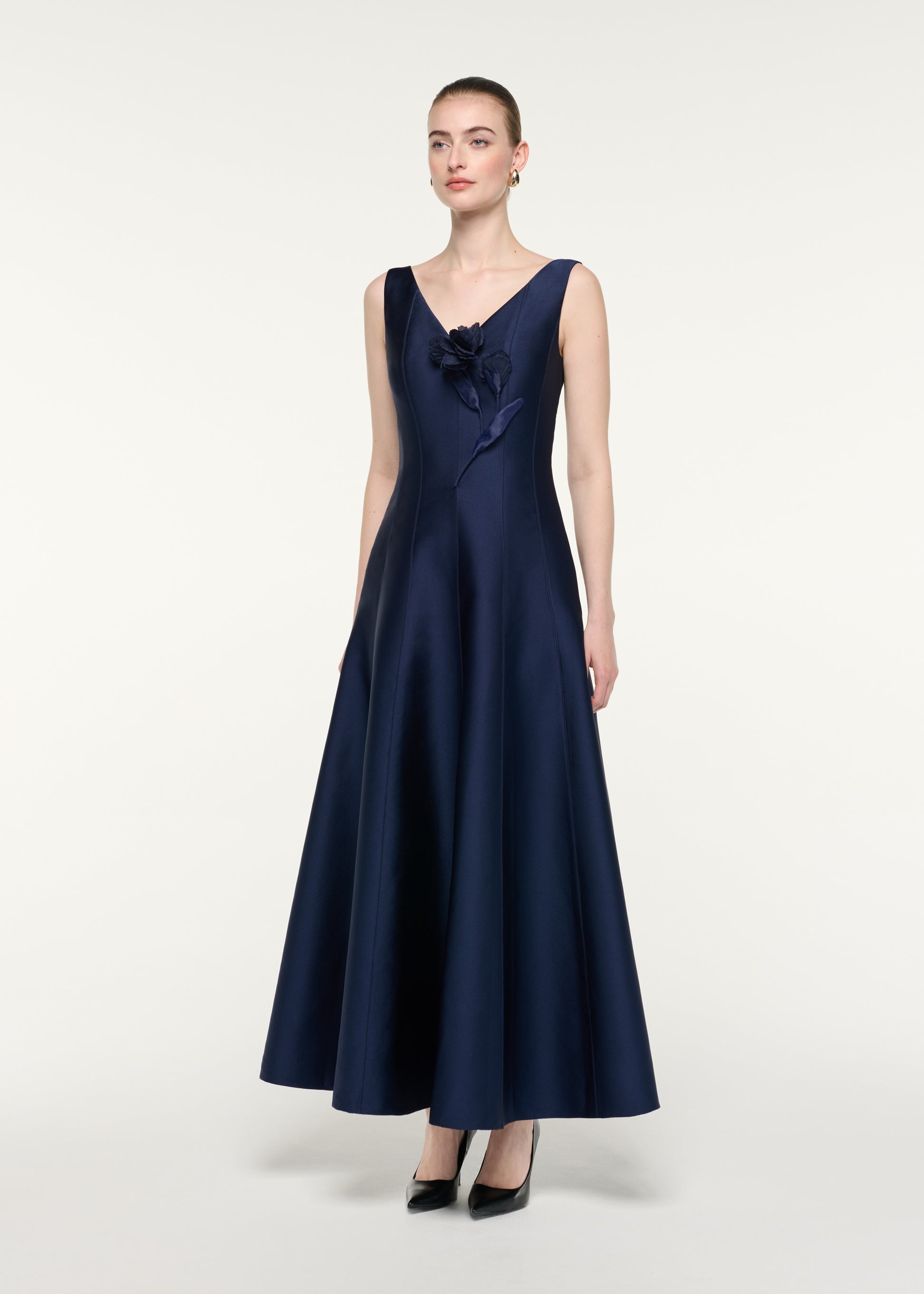 V-Neck Flower Applique Maxi Dress