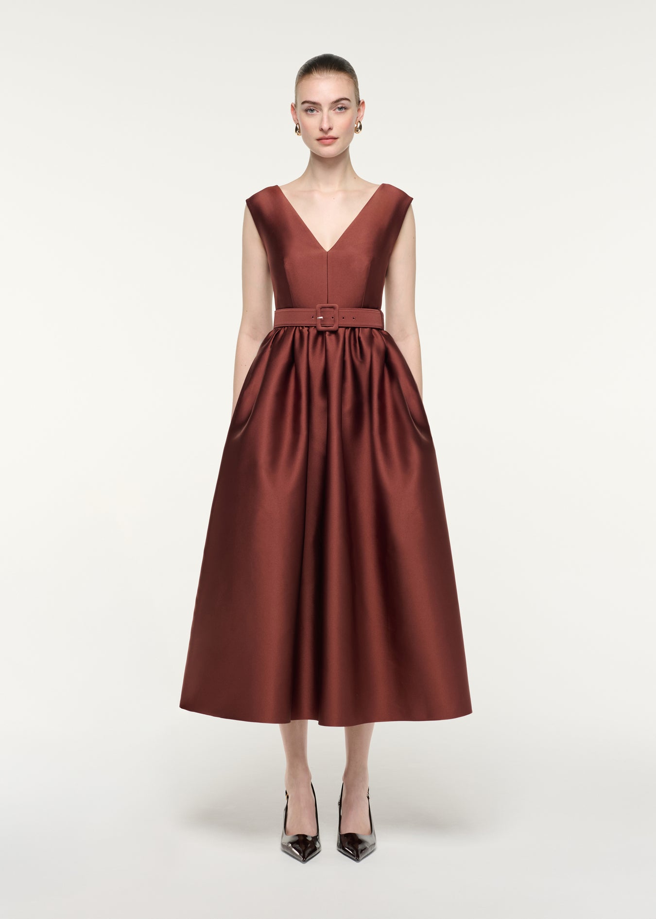 Belted V-Neck Midi Dress