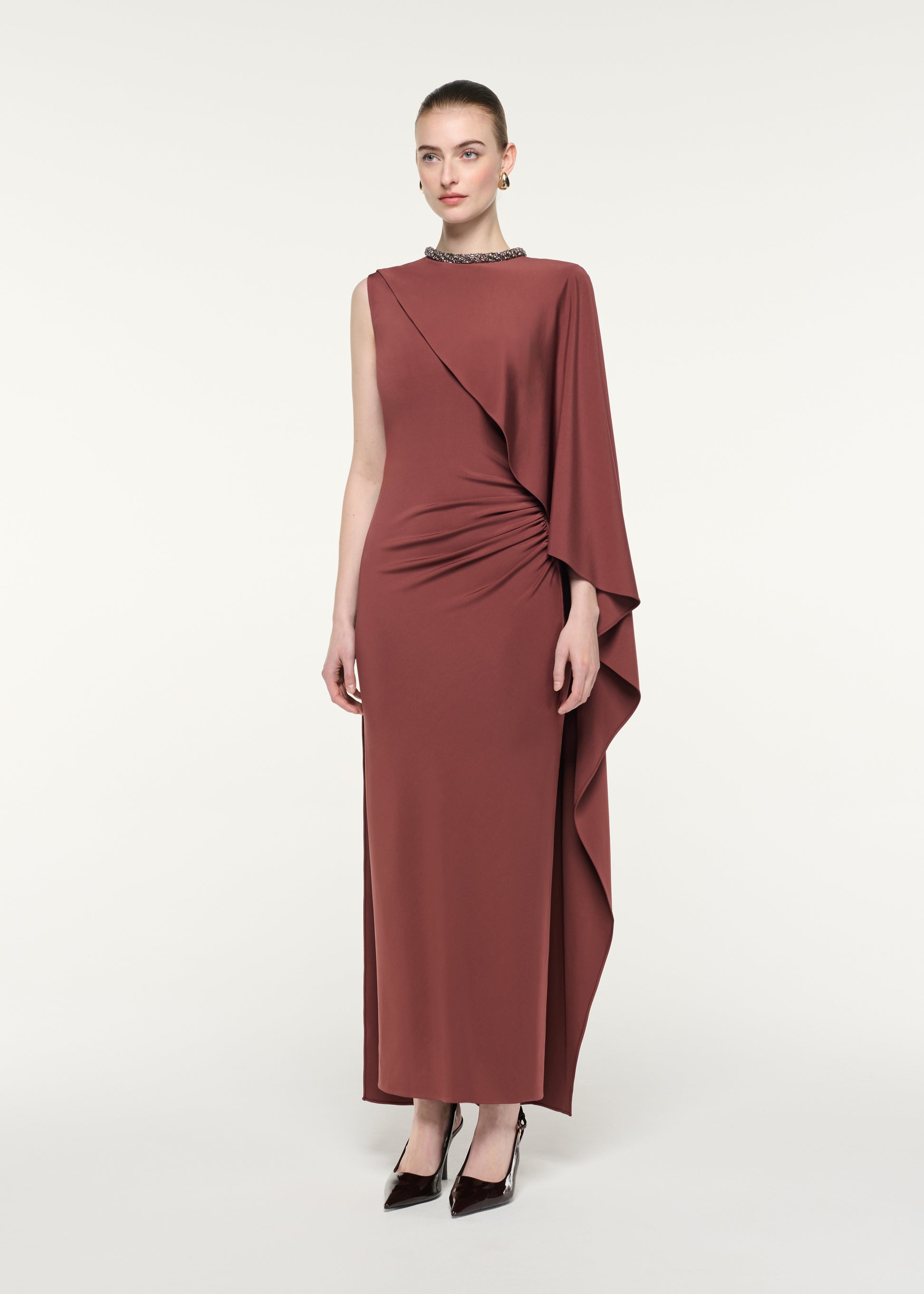 Crystal Neckline Asymetric Column Maxi Dress