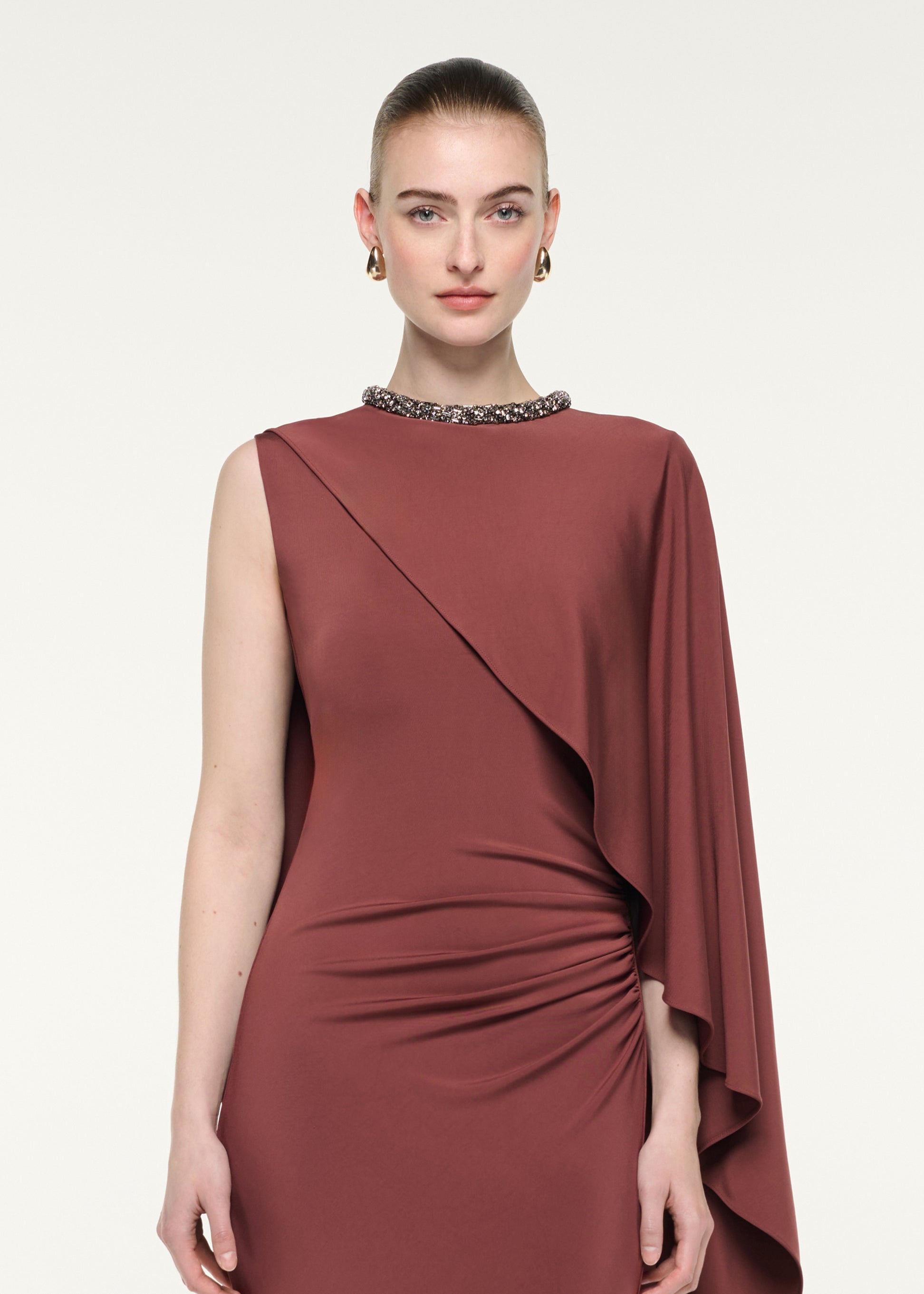 Crystal Neckline Asymetric Column Maxi Dress