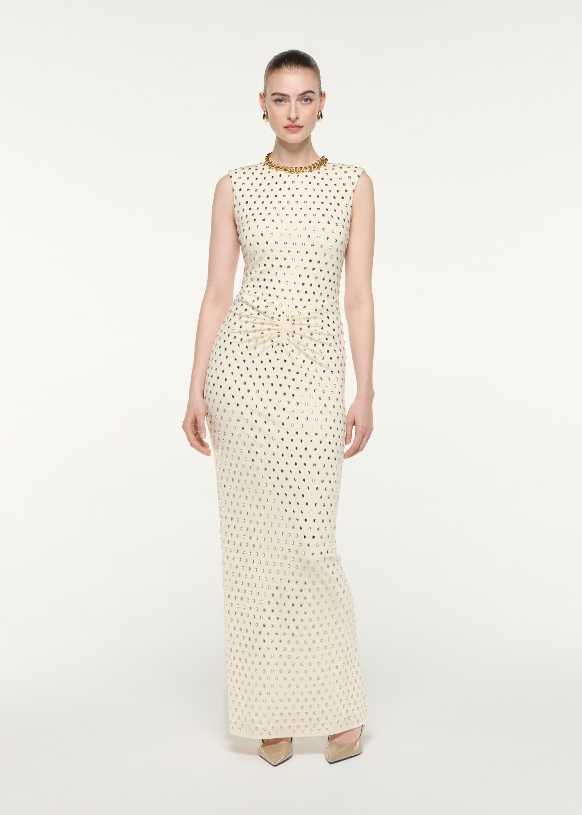 Front Gathering Diamante Maxi Dress