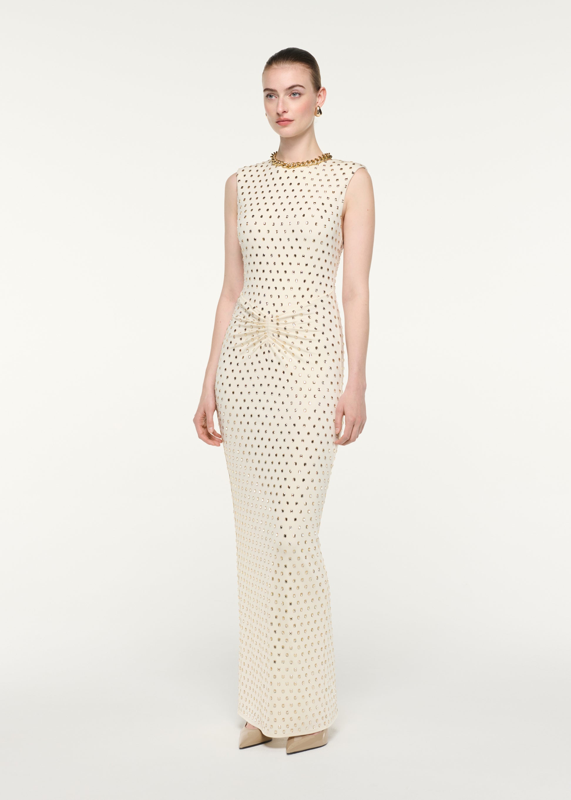 Front Gathering Diamante Maxi Dress
