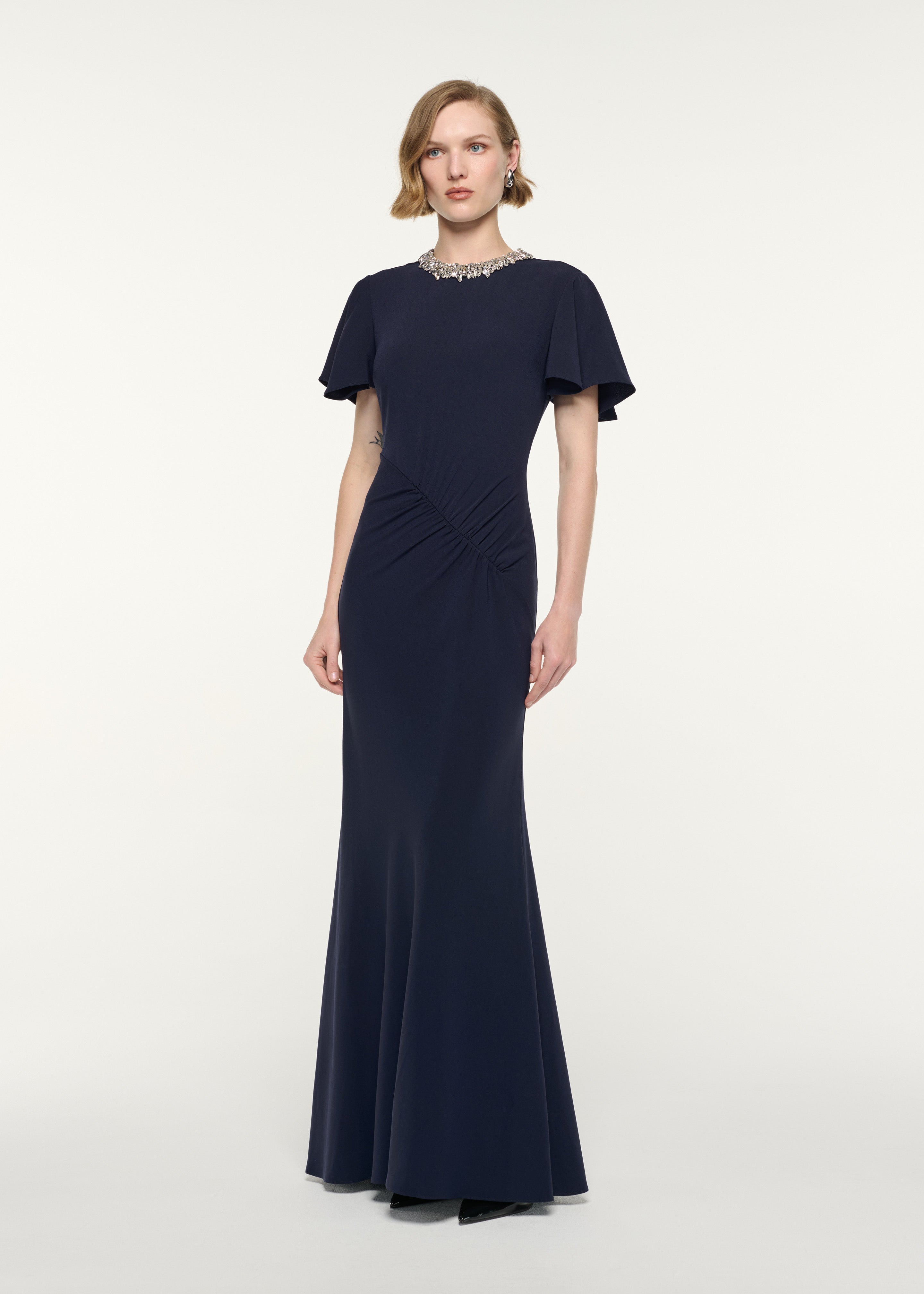 Crystal Neckline Draped Sleeve Gown Navy – Roland Mouret