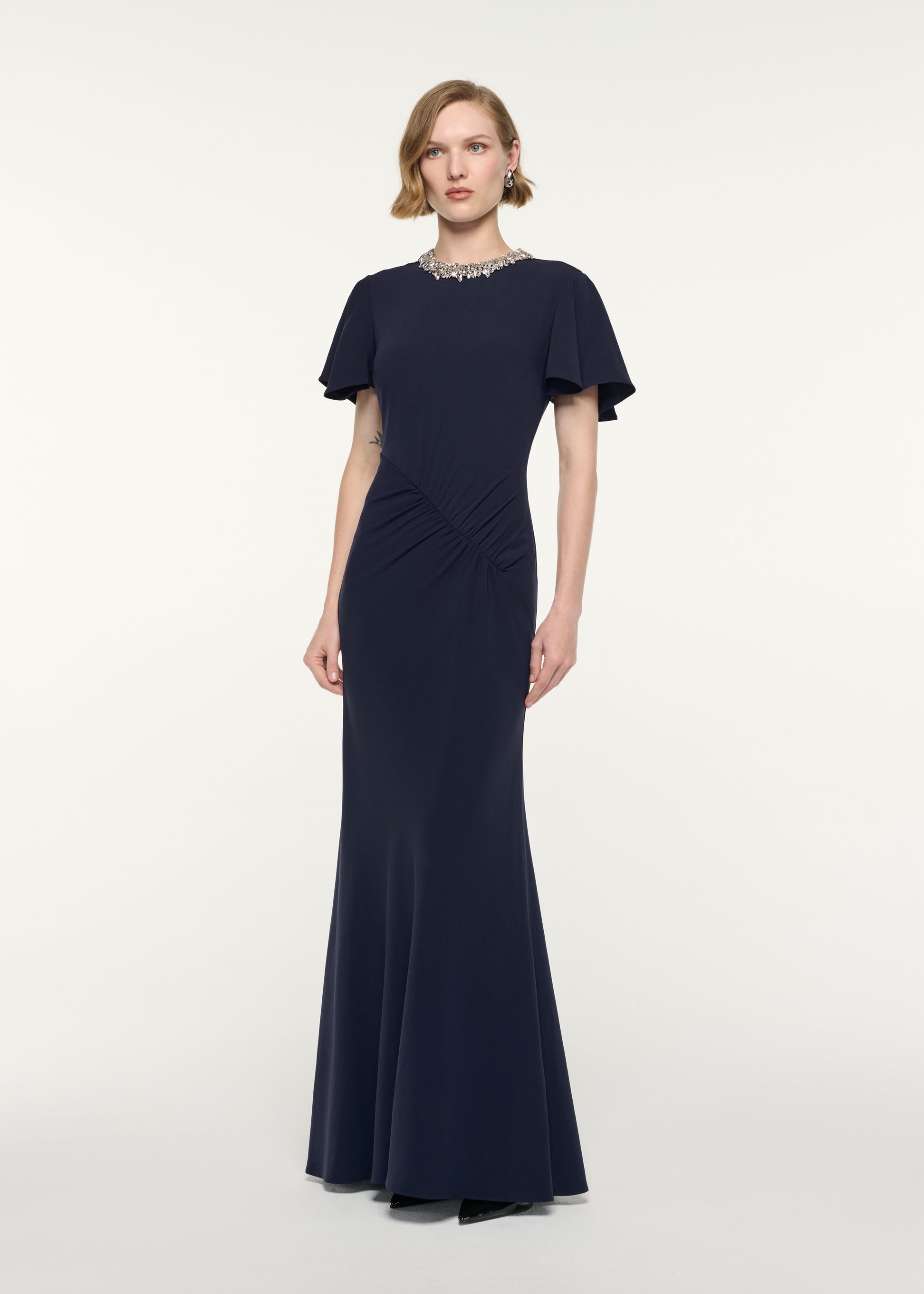 Crystal Neckline Draped Sleeve Gown