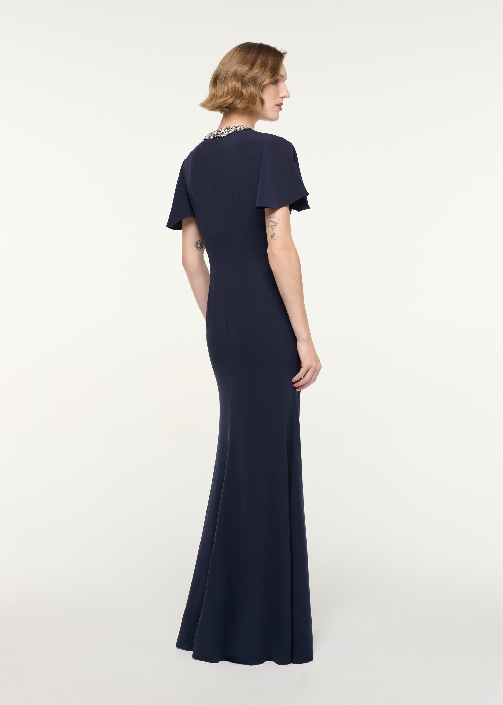 Crystal Neckline Draped Sleeve Gown