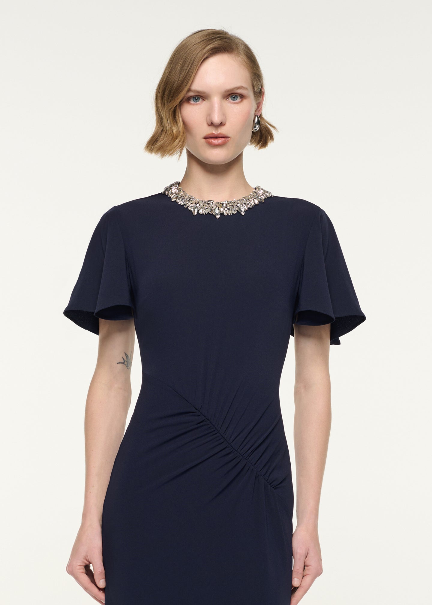 Crystal Neckline Draped Sleeve Gown