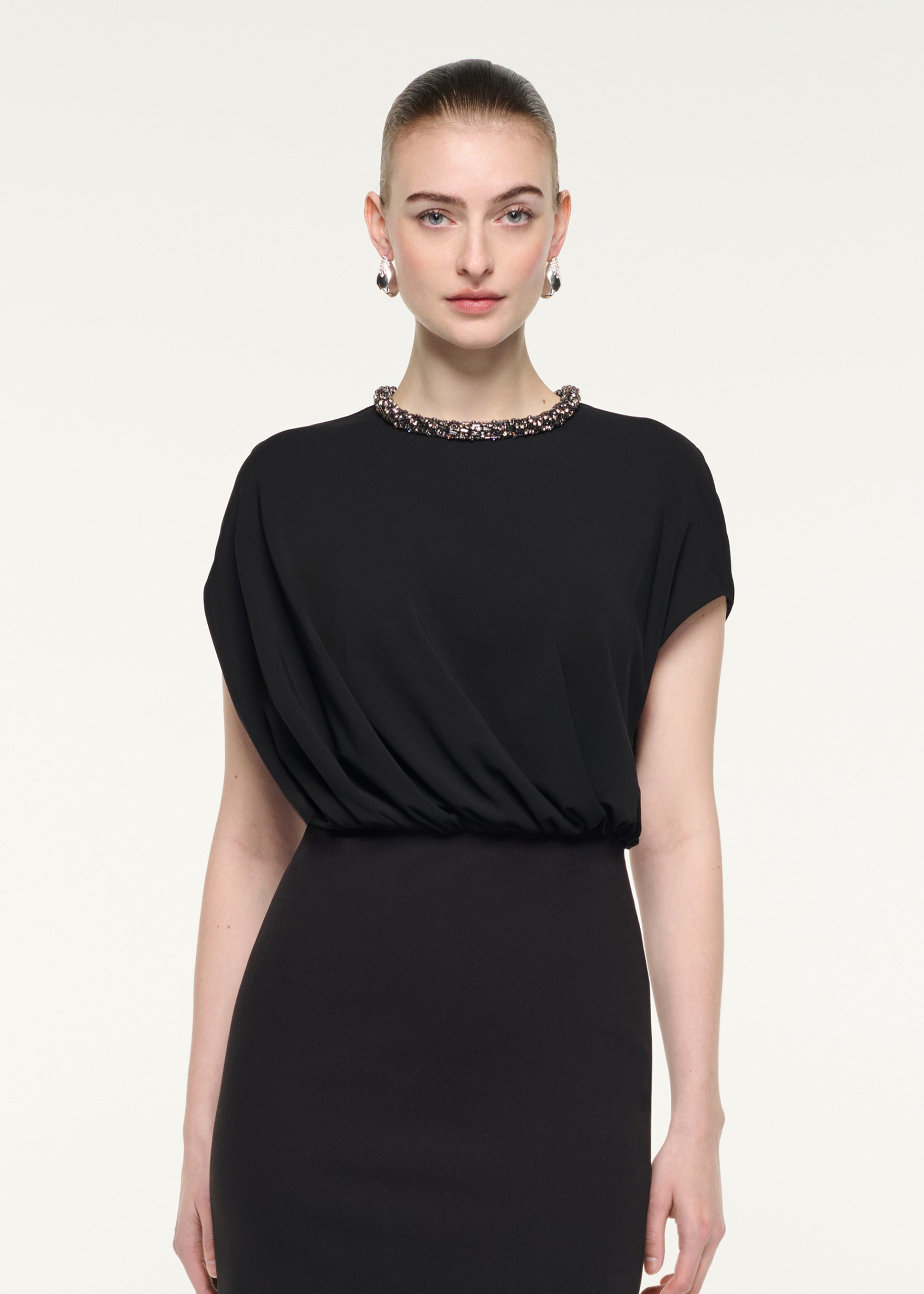 Crystal Neckline Blouson Mini Dress