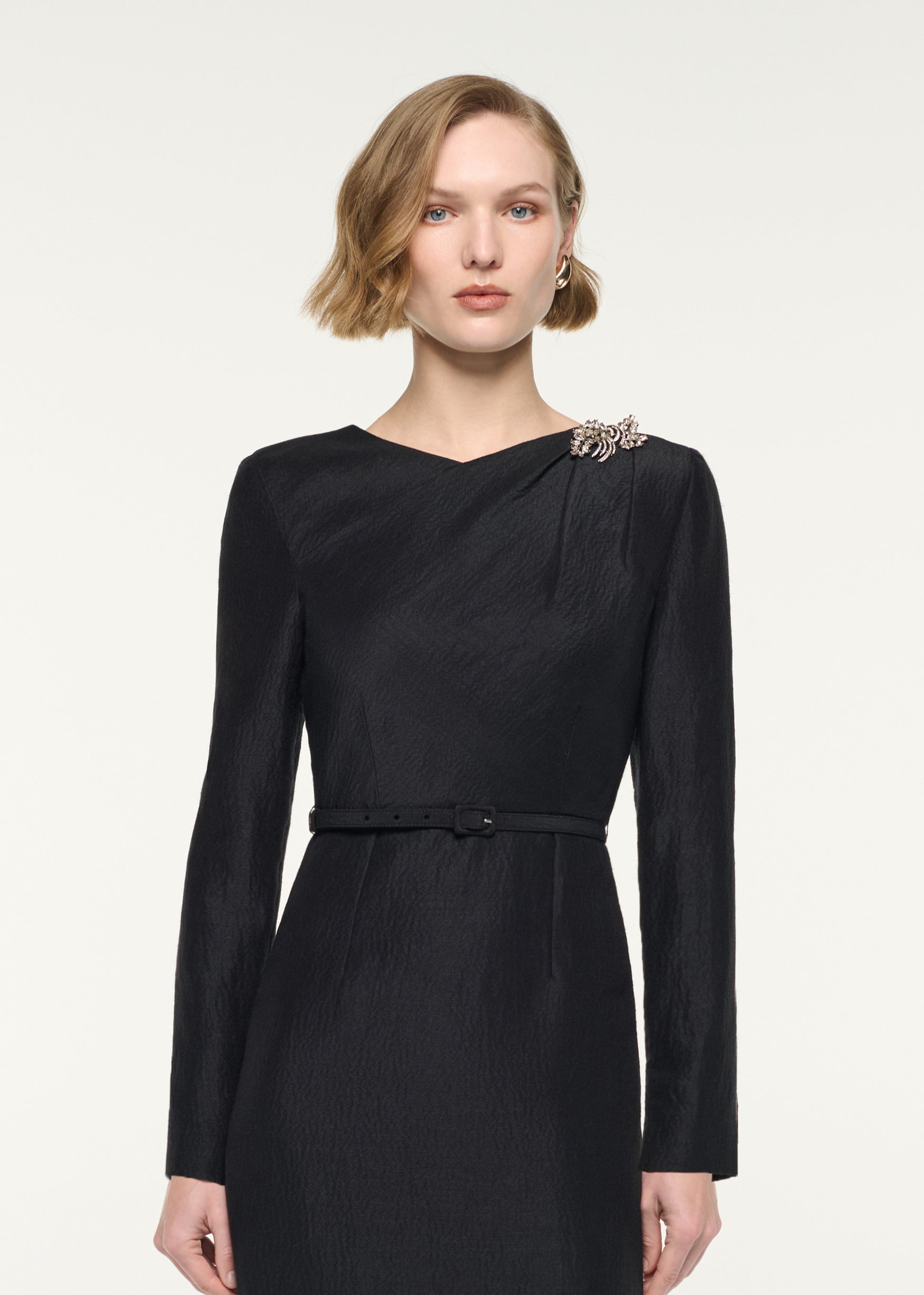 Brooched Silk Jacquard Midi Dress