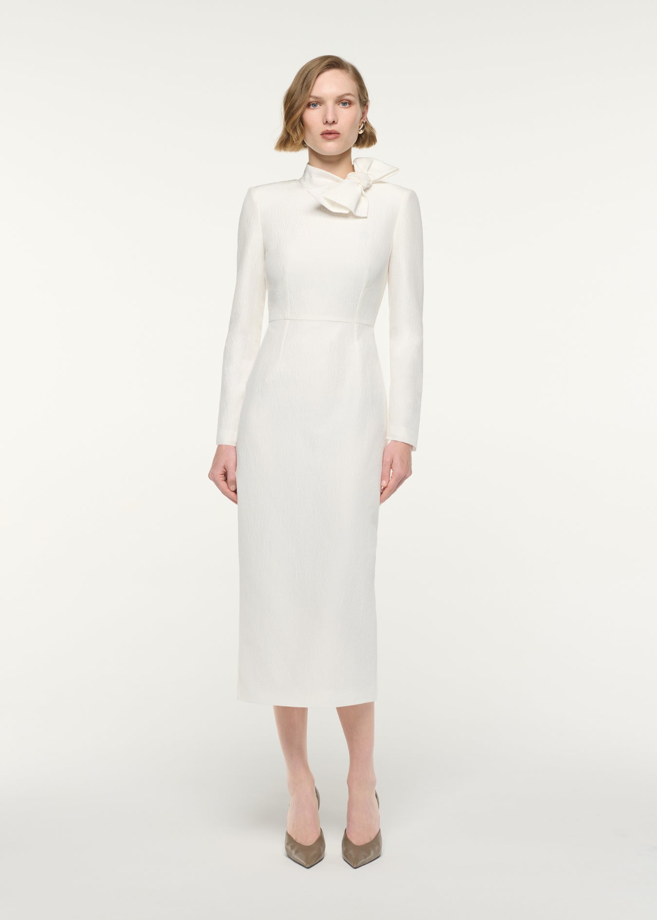Bow Neckline Long Sleeve Midi Dress