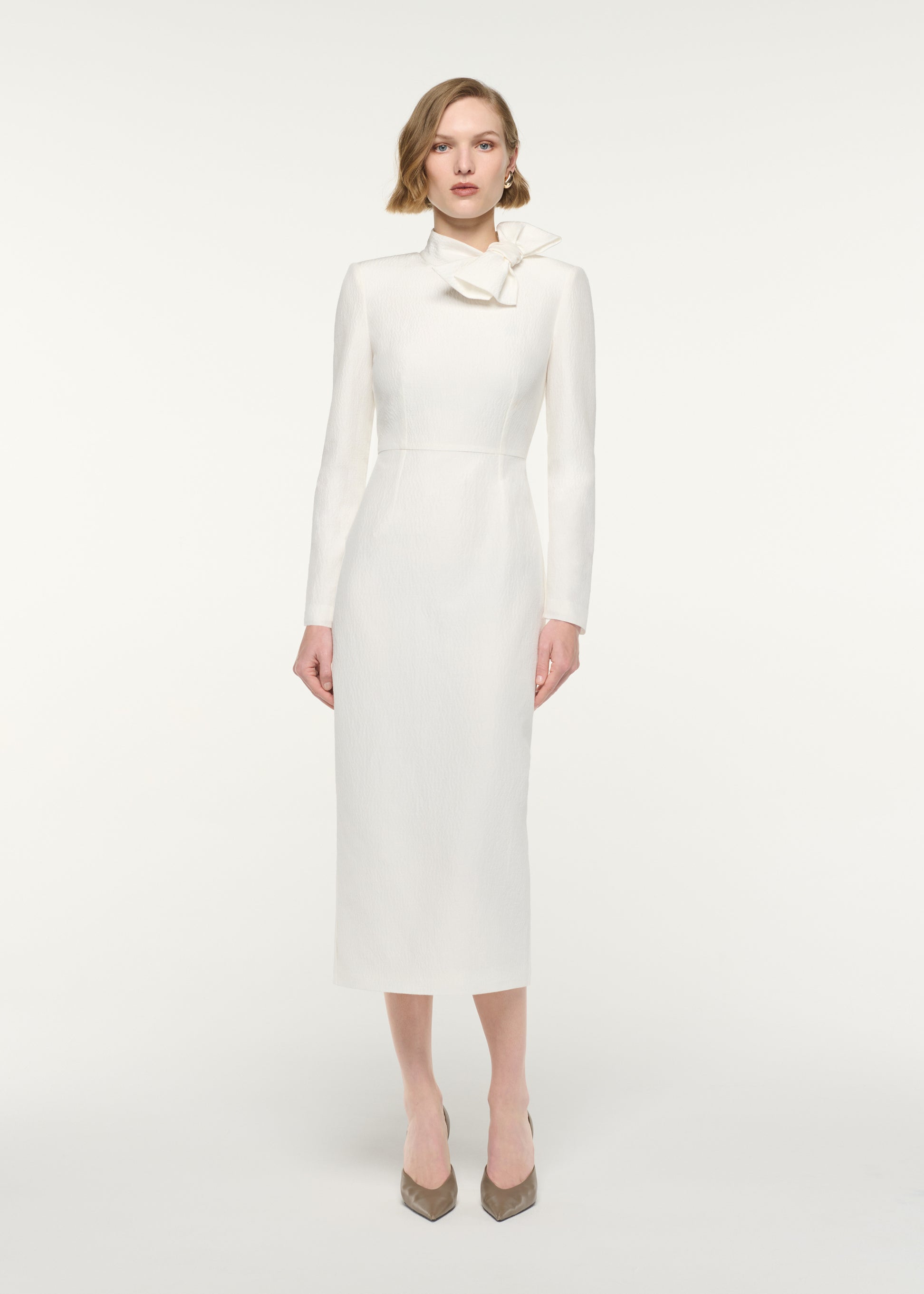 Bow Neckline Long Sleeve Midi Dress