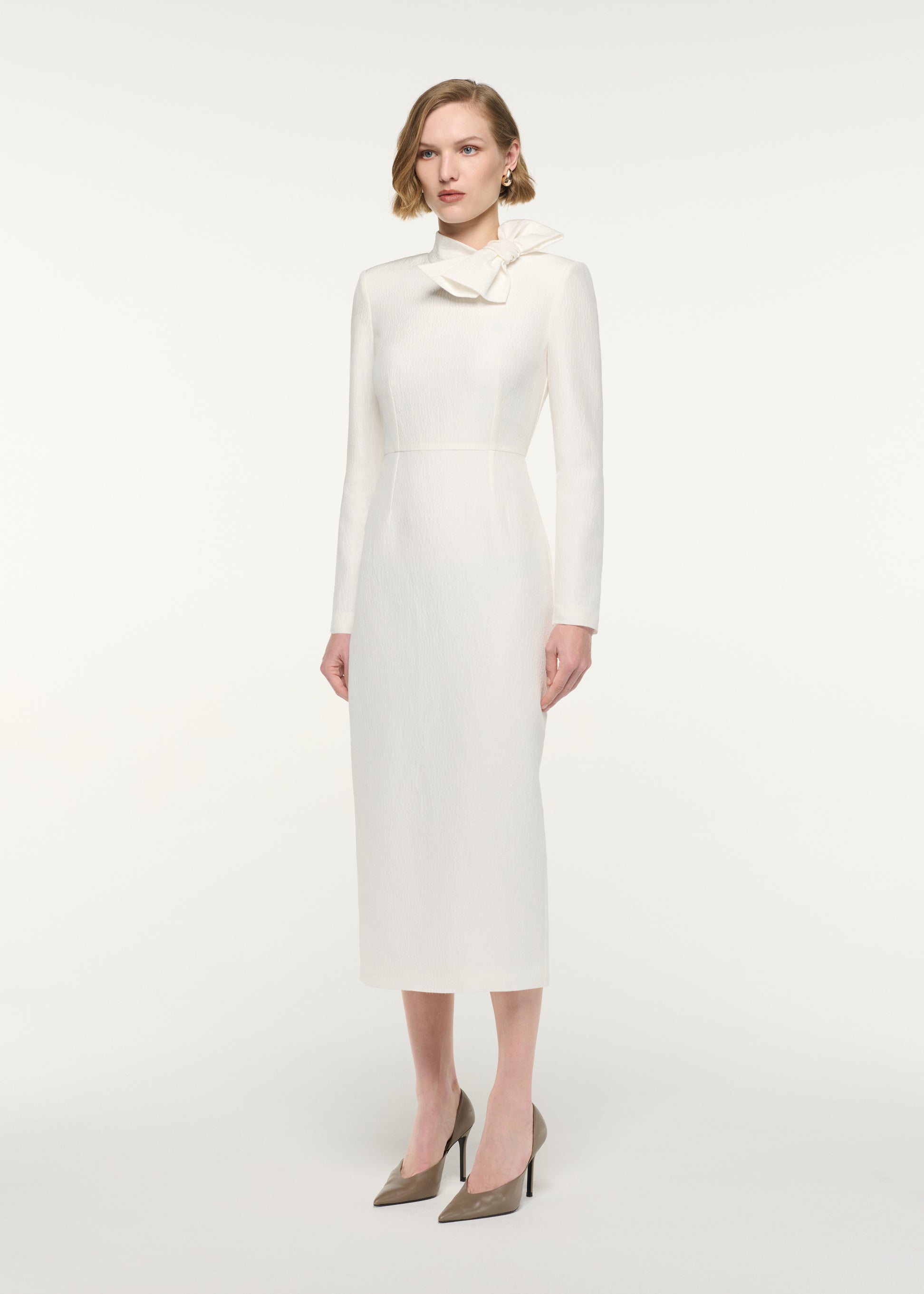 Bow Neckline Long Sleeve Midi Dress
