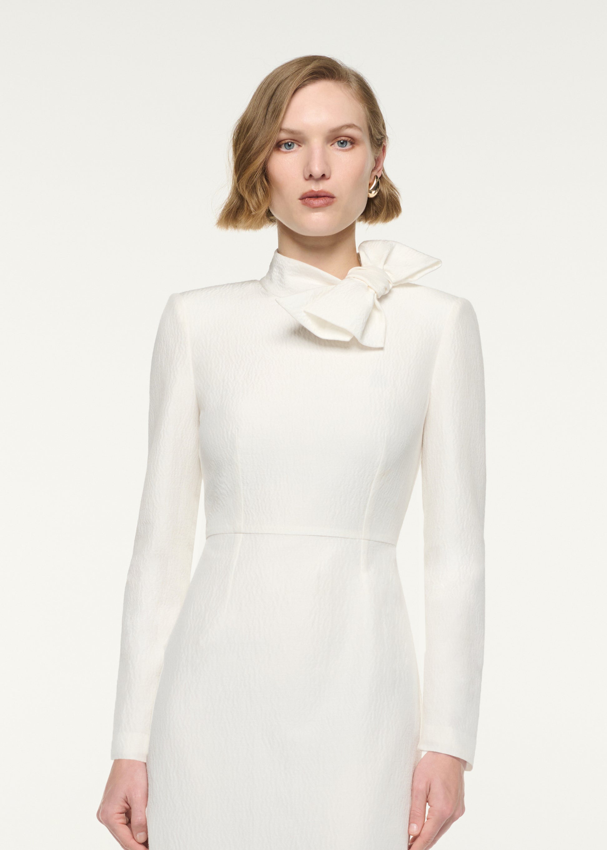 Bow Neckline Long Sleeve Midi Dress