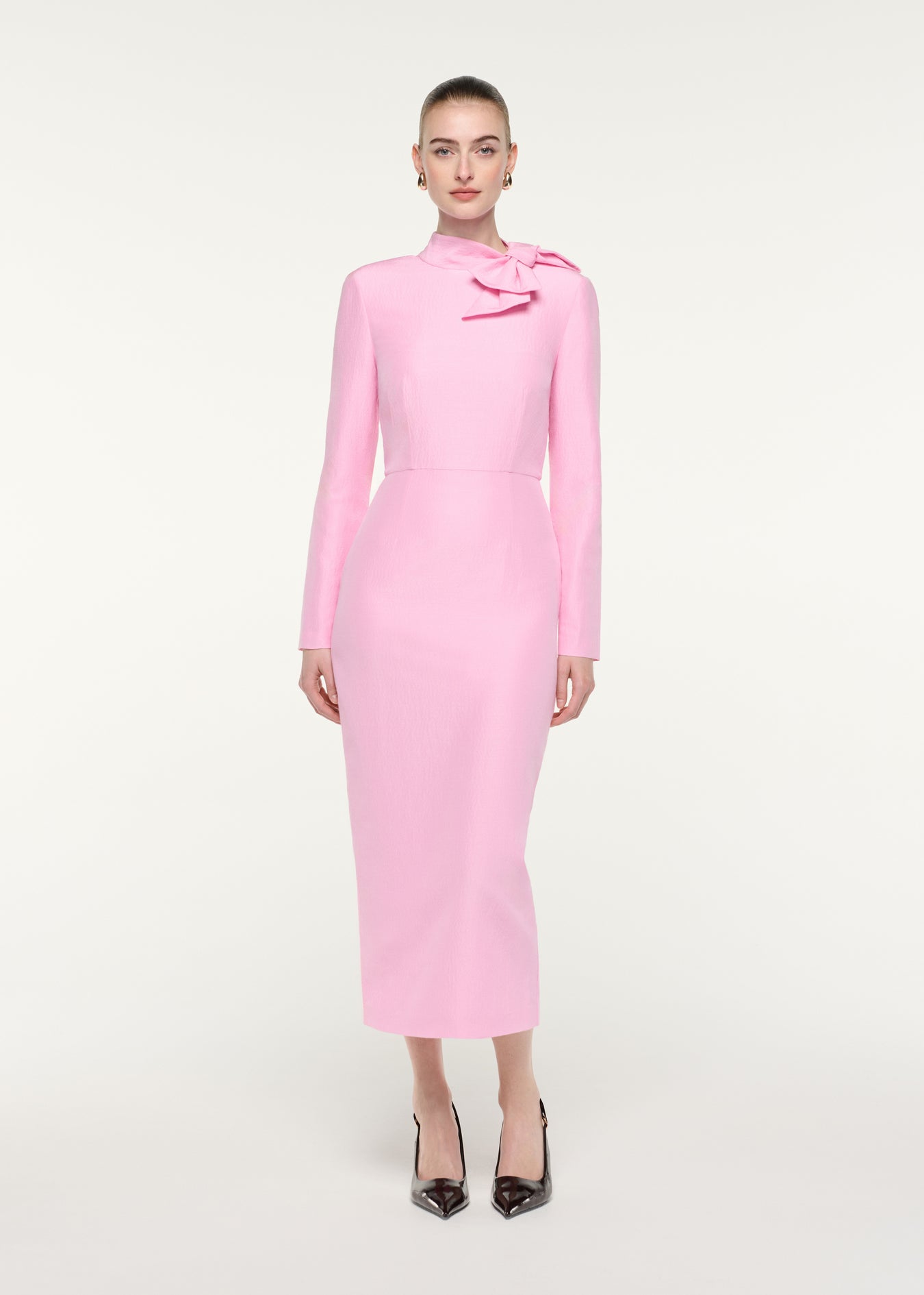 Bow Neckline Long Sleeve Midi Dress