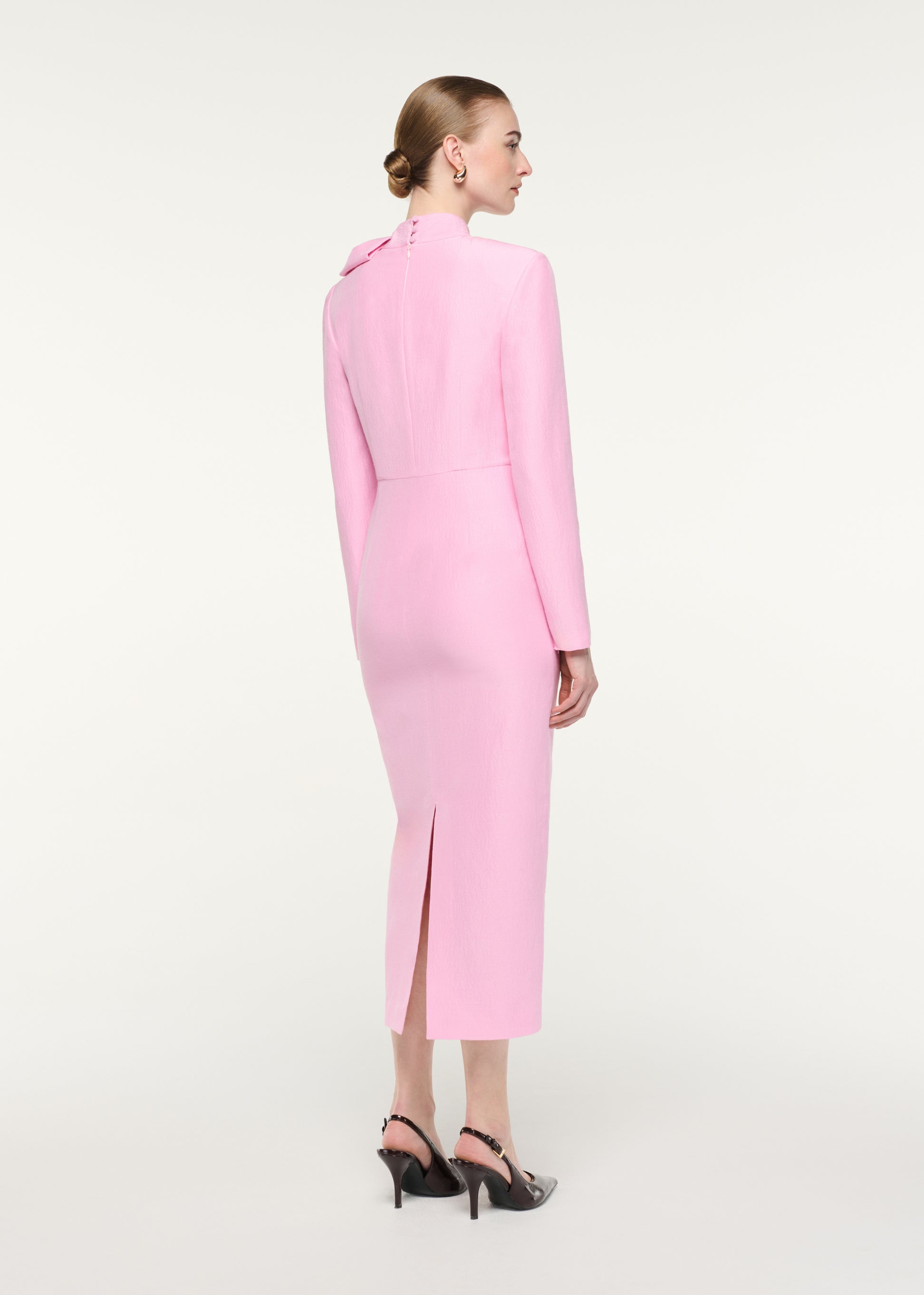 Bow Neckline Long Sleeve Midi Dress