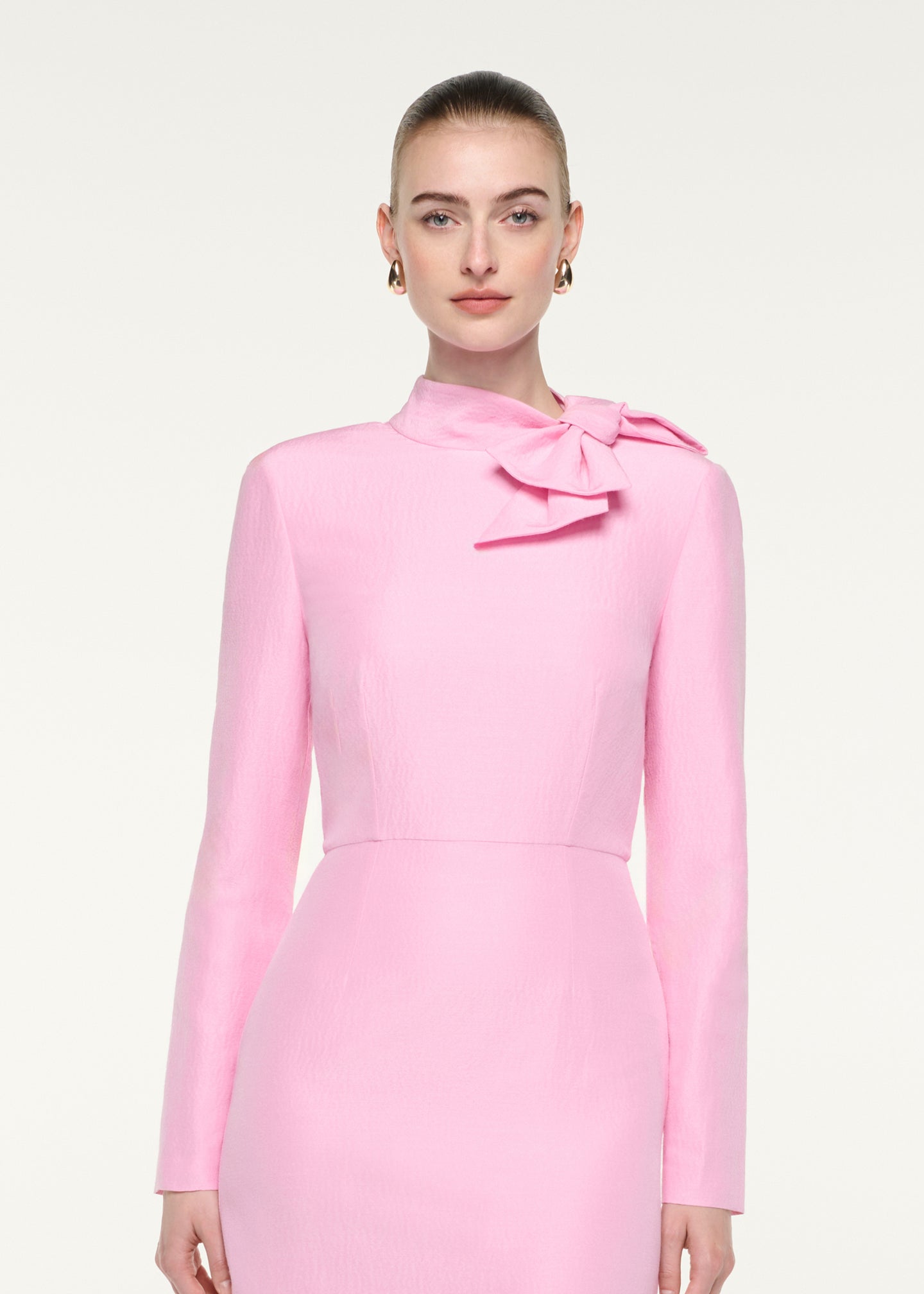 Bow Neckline Long Sleeve Midi Dress