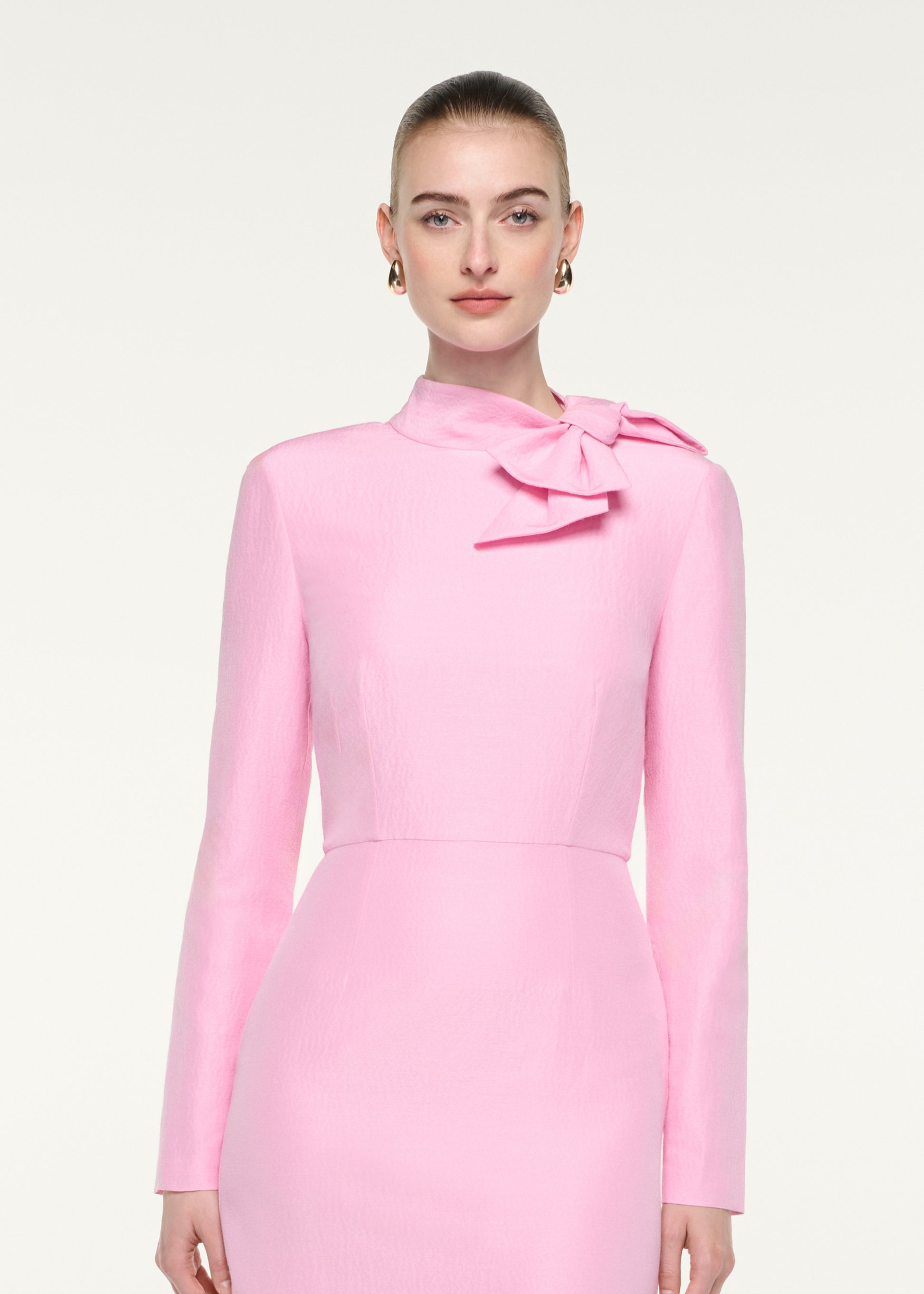 Bow Neckline Long Sleeve Midi Dress