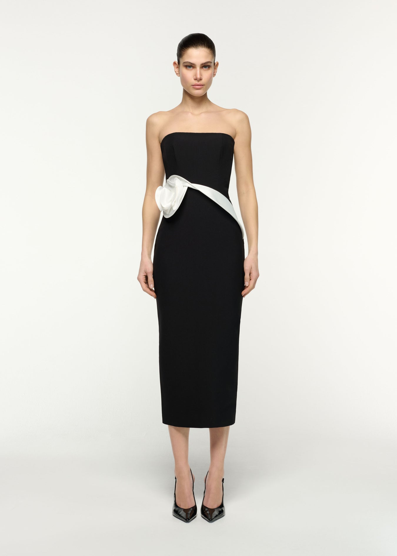 Flower Detail Strapless Column Midi Dress