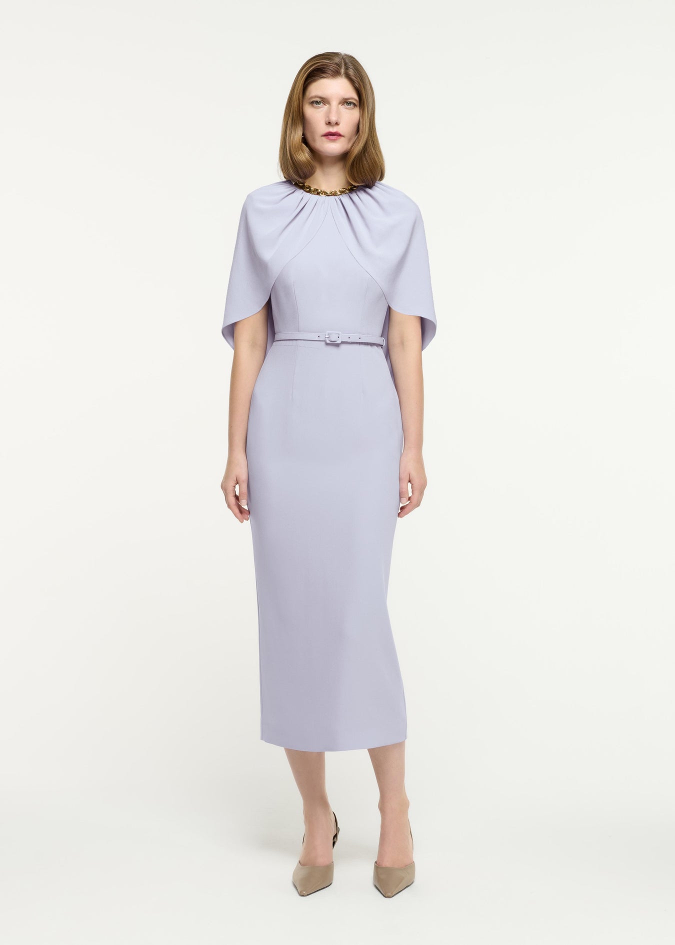 Front view of a model wearing the Satin Crepe Cape Midi Dress in Purple