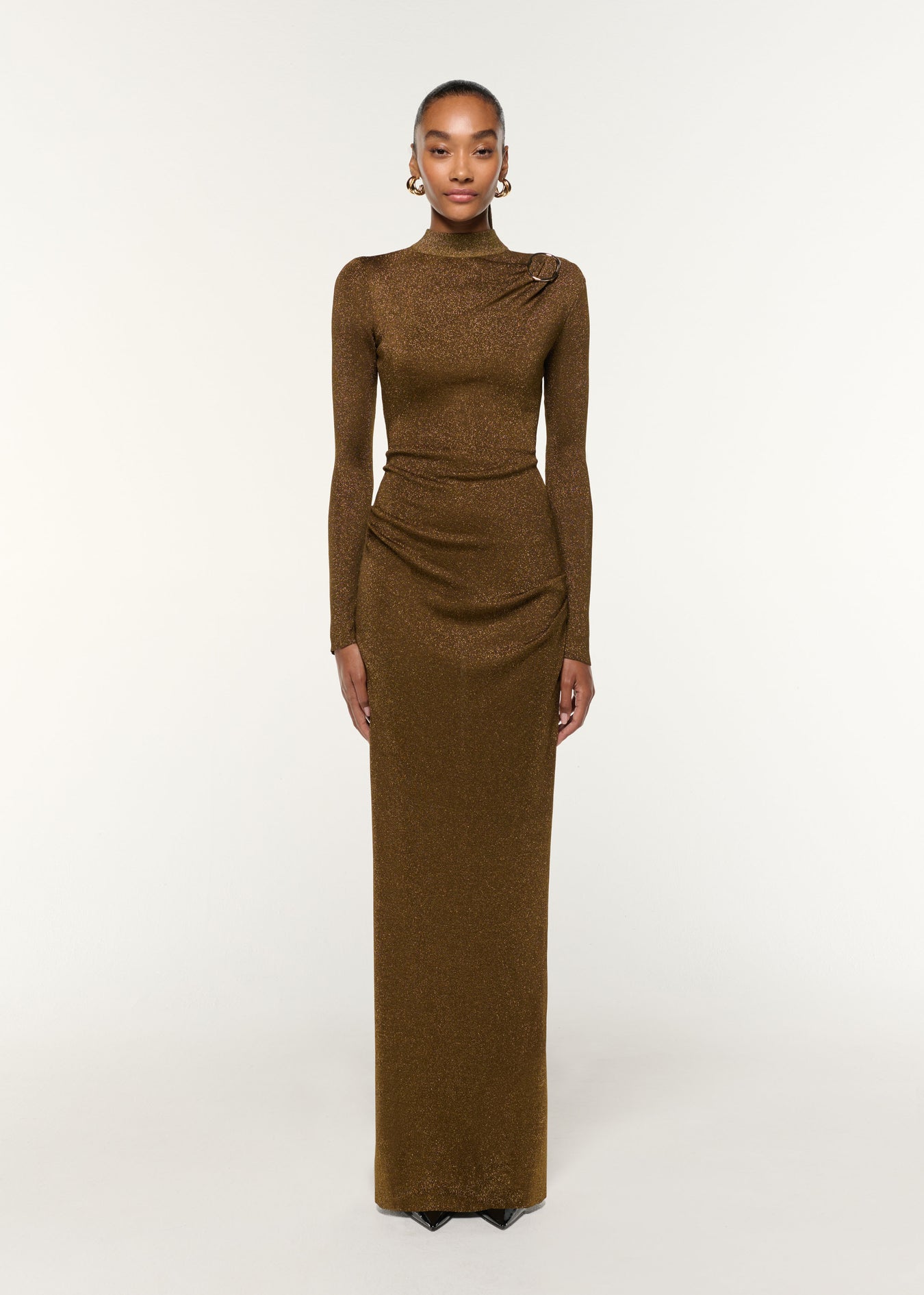 Front view of a model wearing the Lurex Knit Drape & Metal Trim Dress in Khaki