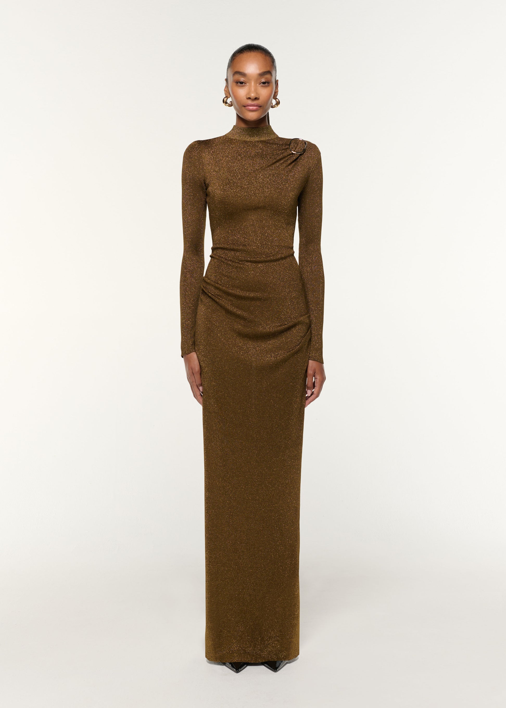 Front view of a model wearing the Lurex Knit Drape & Metal Trim Dress in Khaki