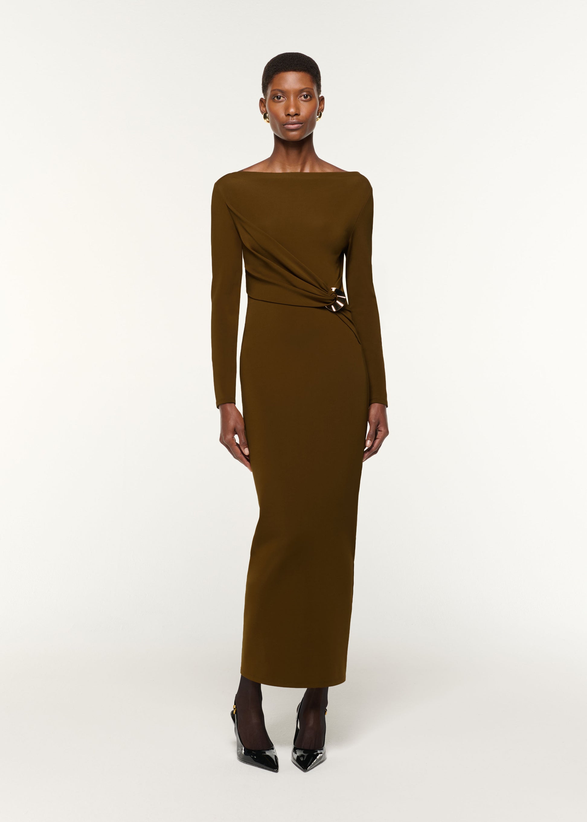 Front view of a model wearing the Jersey Twist Drape & Metal Trim Dress in Brown