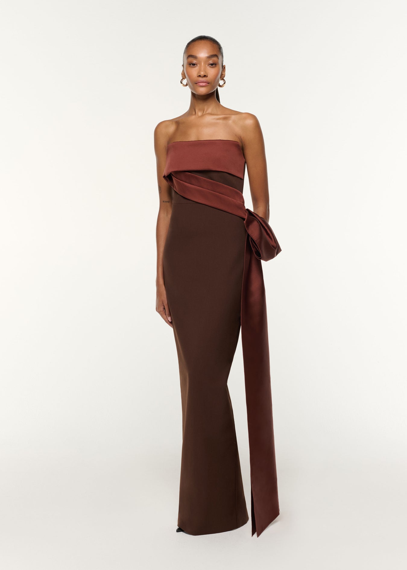 Front view of a model wearing the Contrast Drape Taffeta And Stretch Crepe Gown in Brown