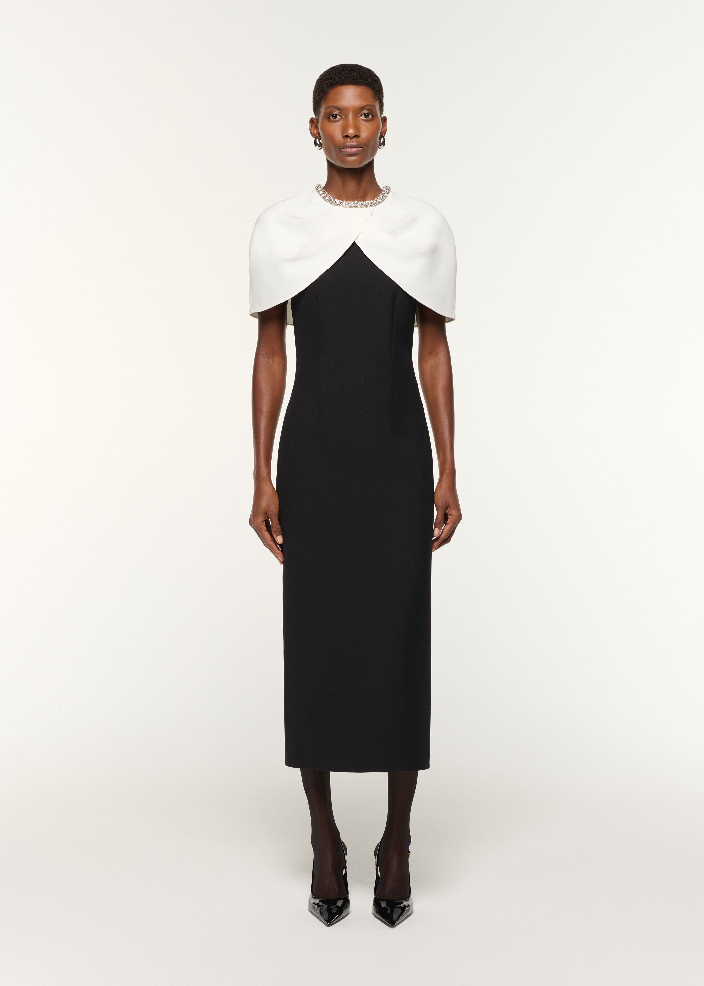 Crystal Neck Trimmed Asymmetric Peplum Midi Dress Black – Roland