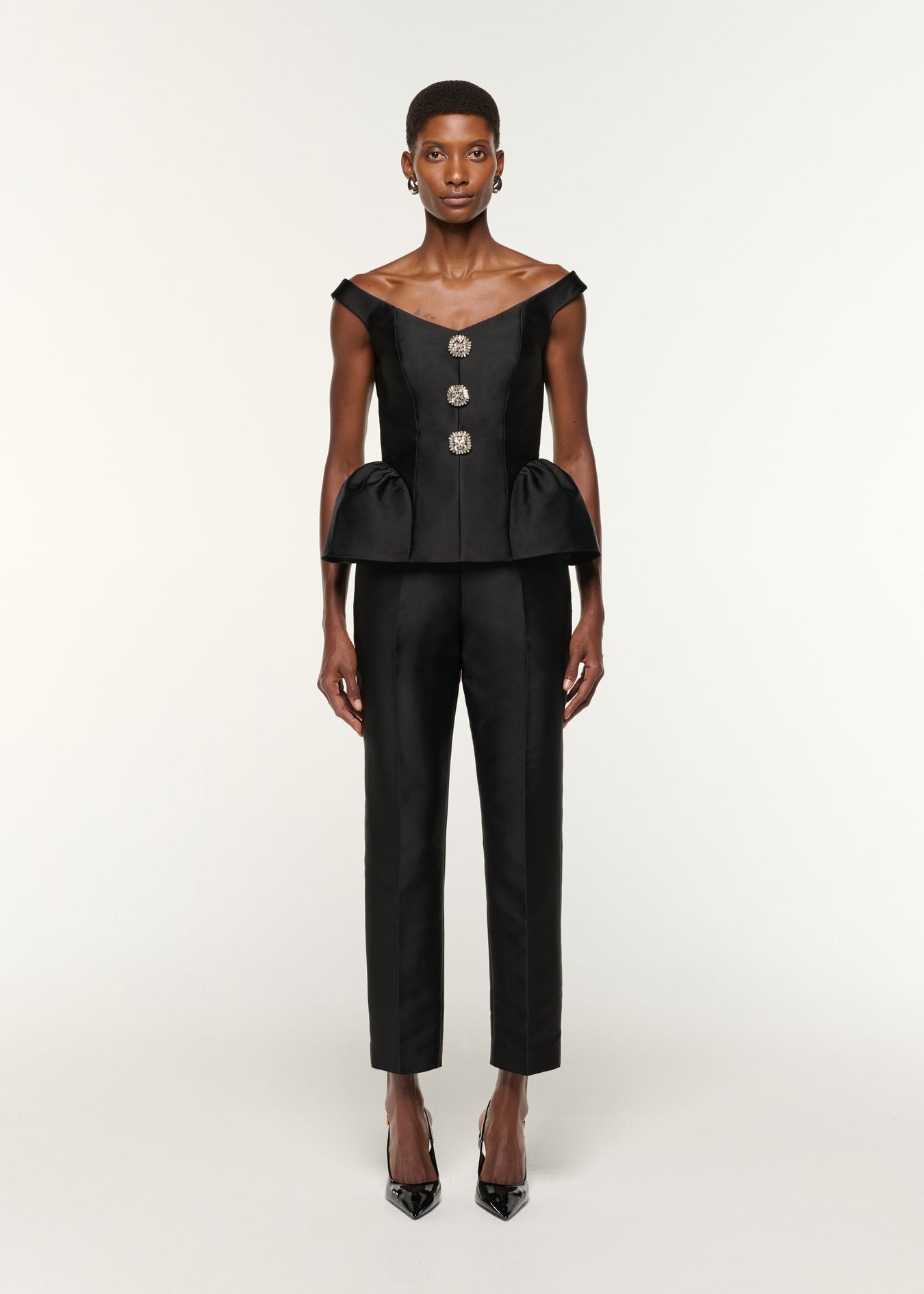 Front view of a model wearing the Taffeta Straight Leg Trouser in Black