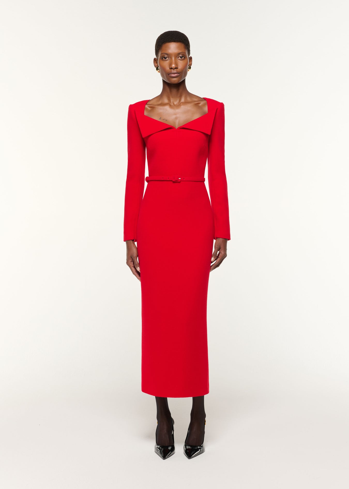 Front view of a model wearing the Square Neck Collar Fold Wool Crepe Dress in Red