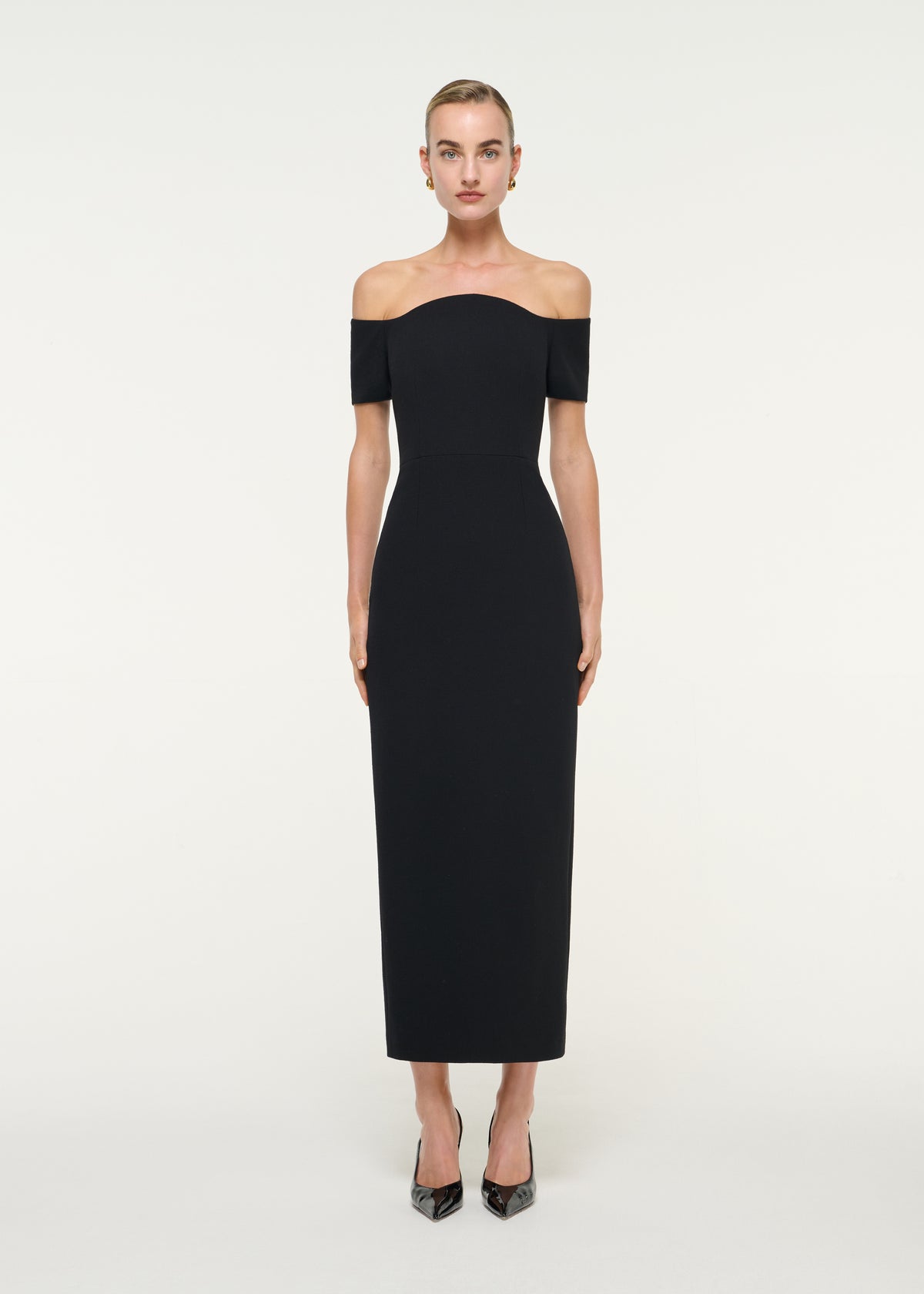 Off Shoulder Wool Crepe Midi Dress