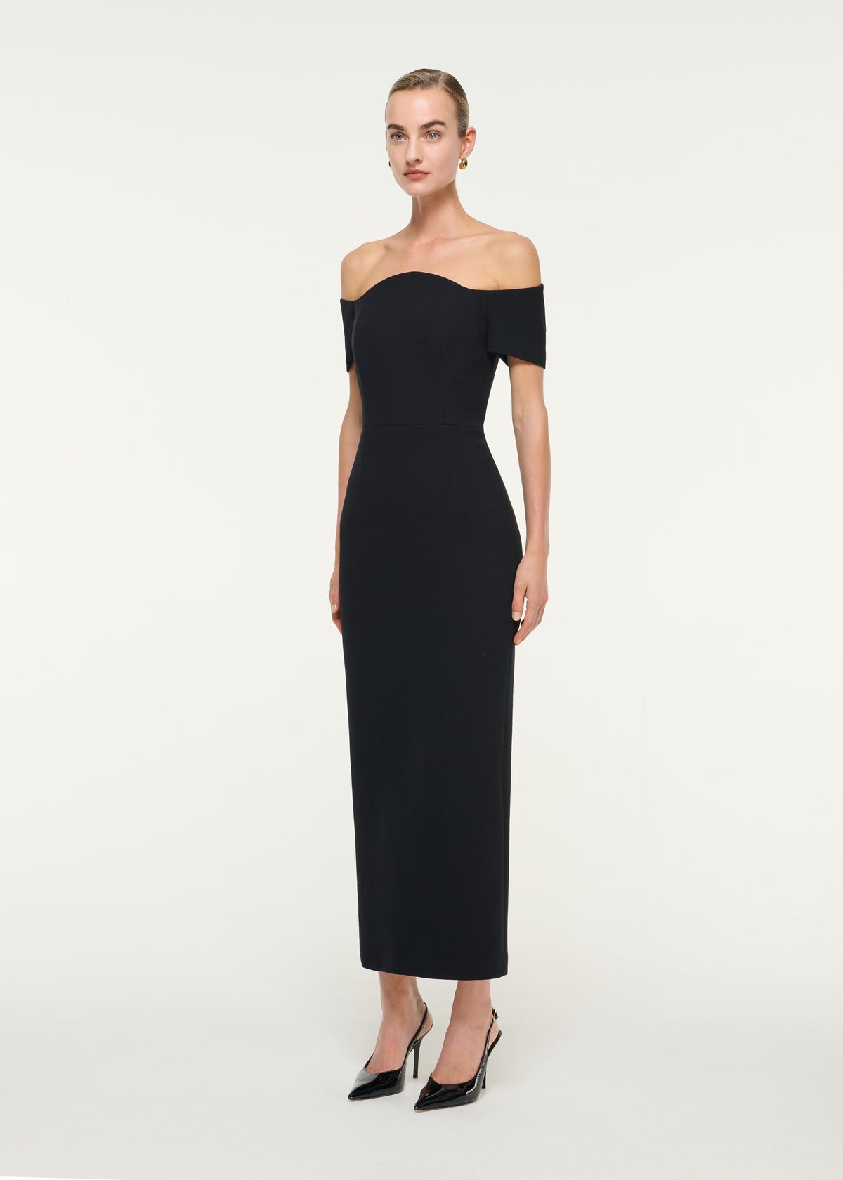 Off Shoulder Wool Crepe Midi Dress