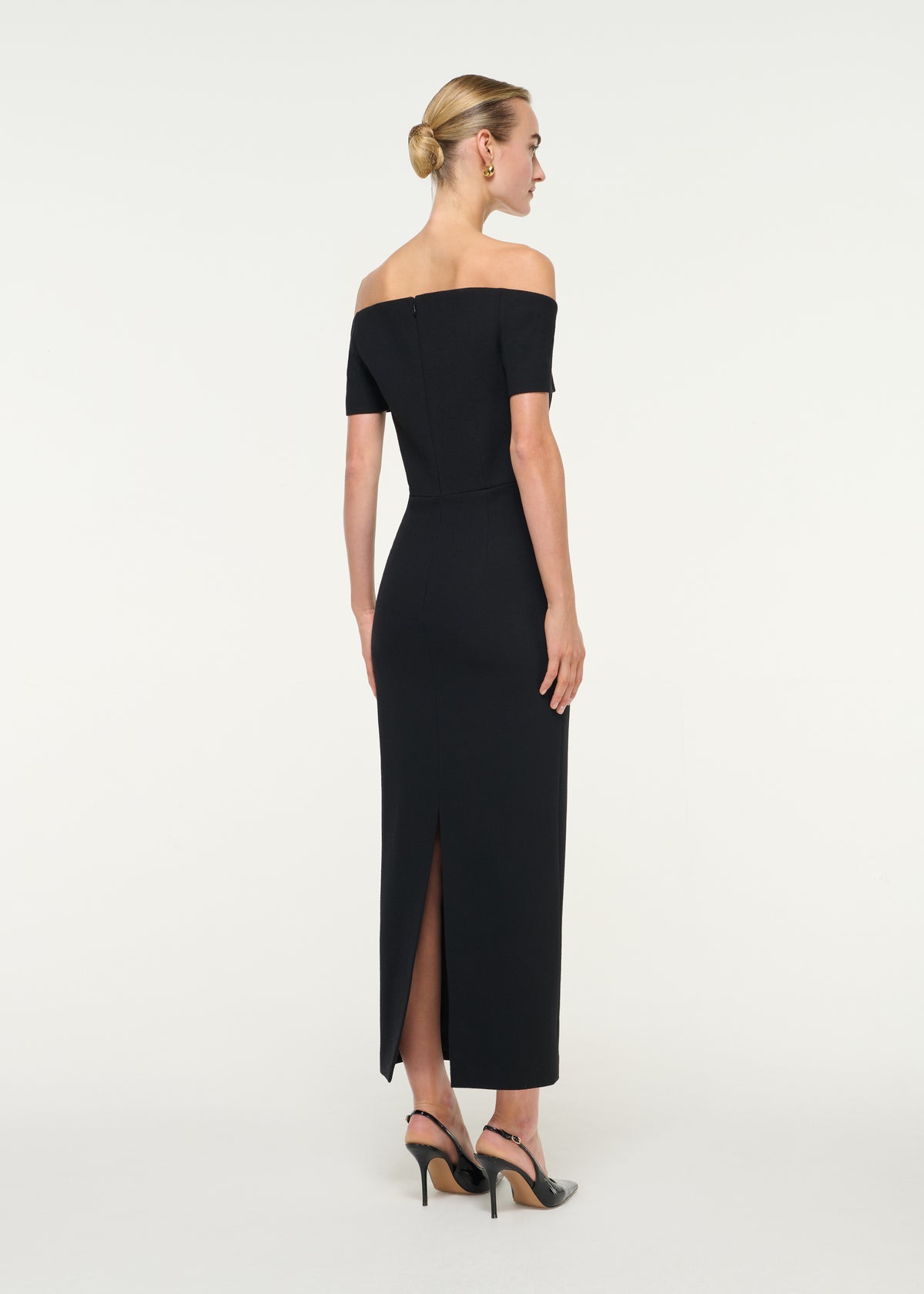 Off Shoulder Wool Crepe Midi Dress