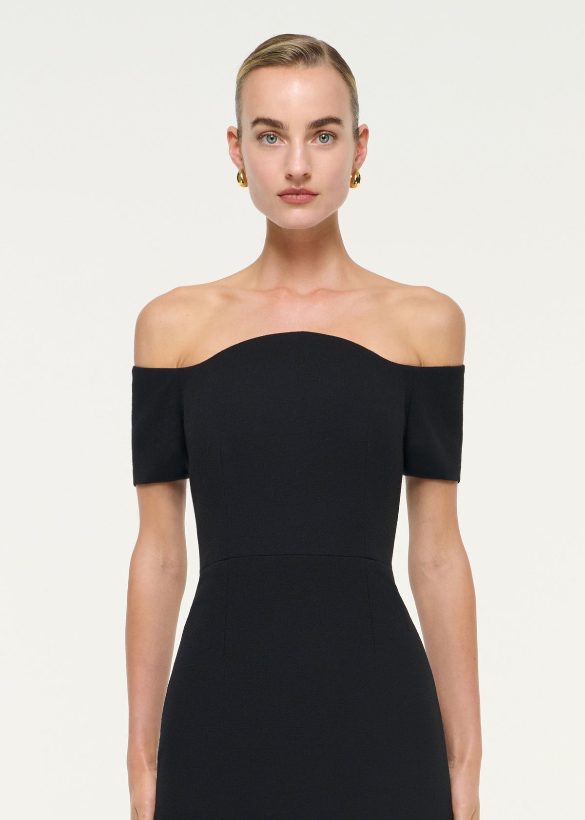 Off Shoulder Wool Crepe Midi Dress