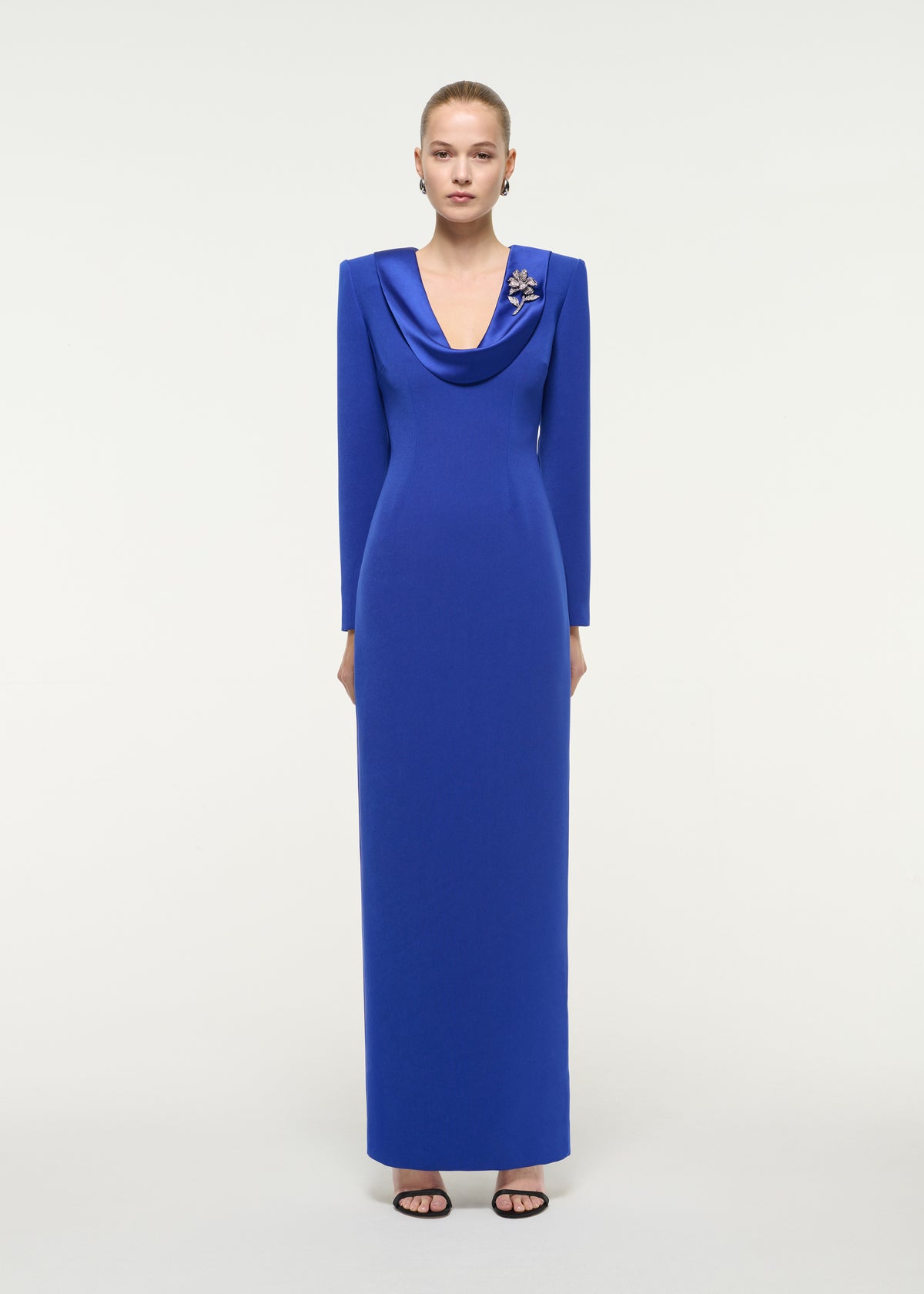 Cowl Neck Crepe Gown With Flower Brooch