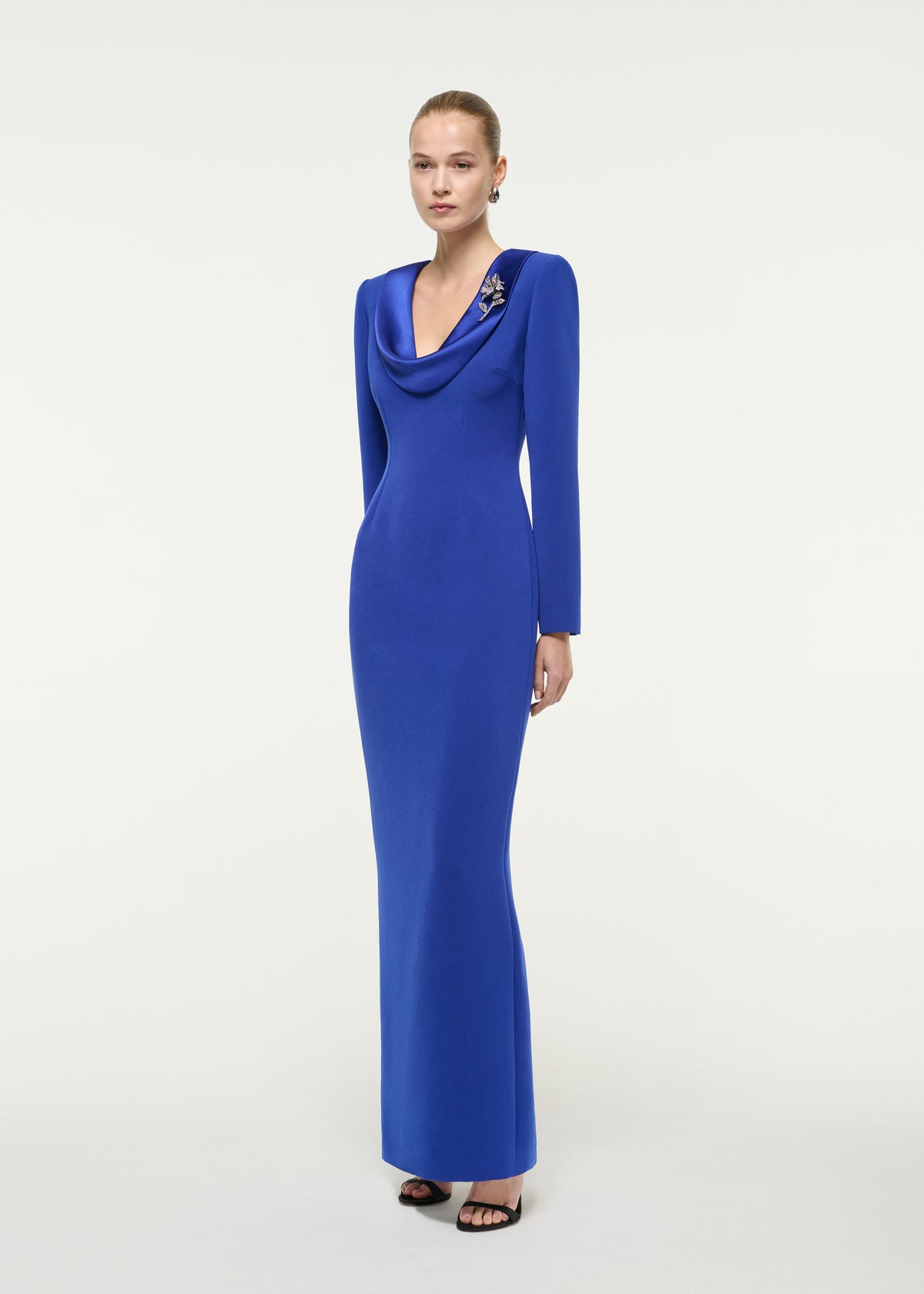 Cowl Neck Crepe Gown With Flower Brooch