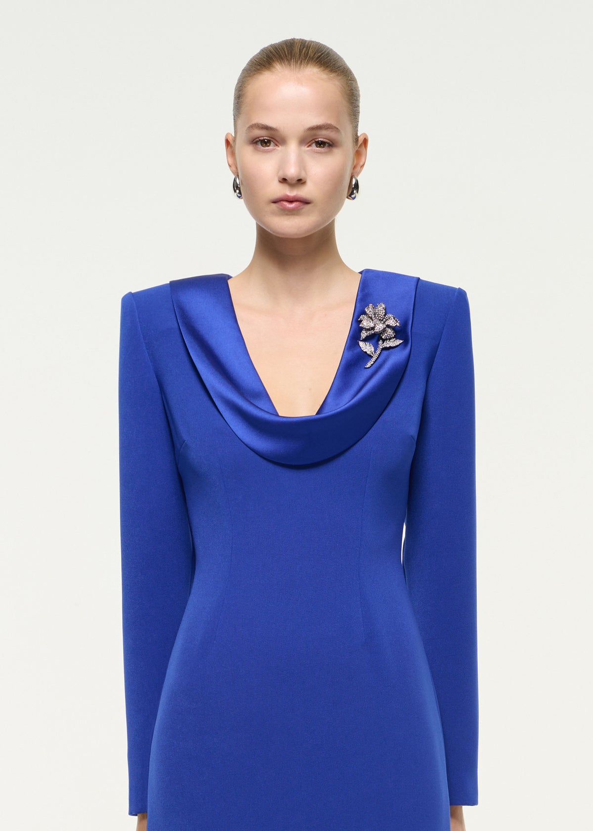 Cowl Neck Crepe Gown With Flower Brooch