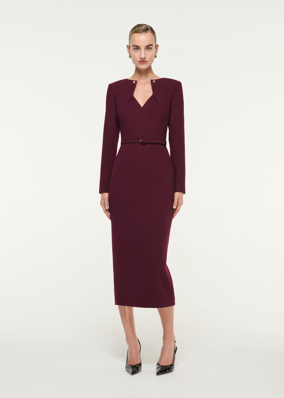 V-Neck Wool Crepe Midi Dress