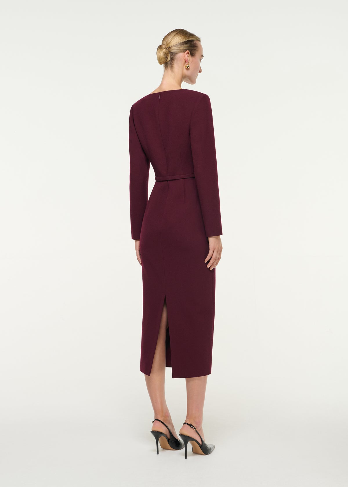 V-Neck Wool Crepe Midi Dress
